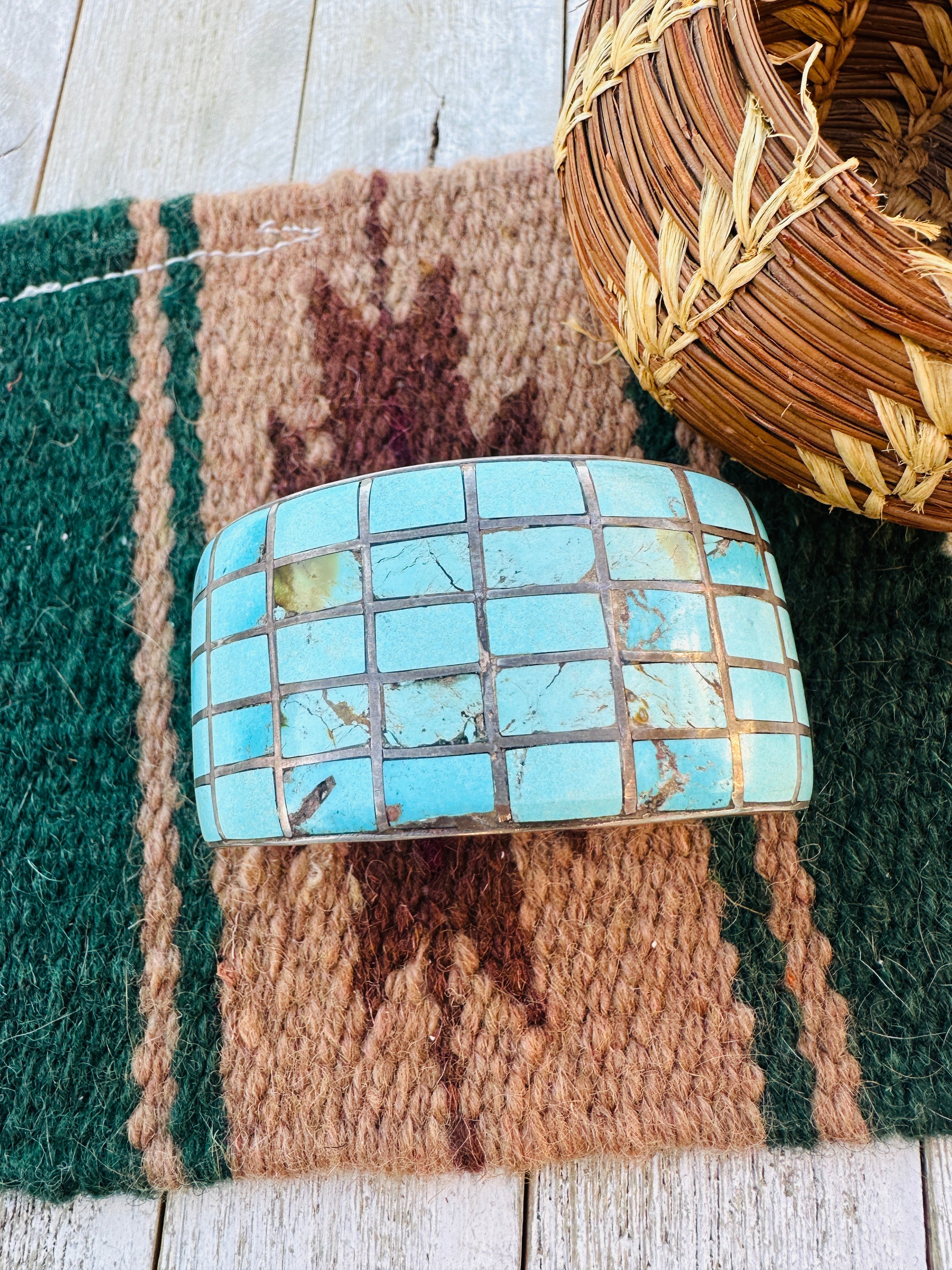 Handcrafted Old Pawn Sterling Silver & Turquoise Inlay Cuff Bracelet