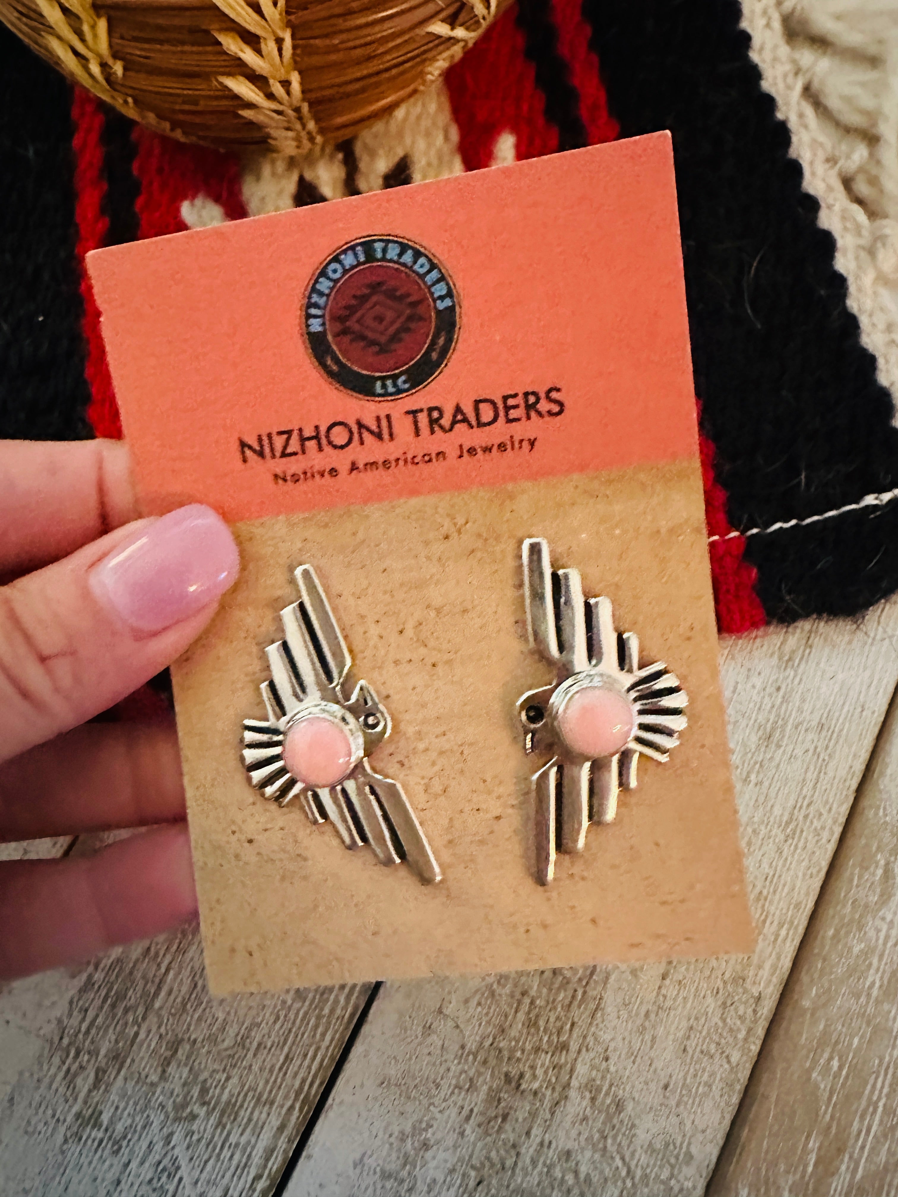 Navajo Sterling Silver & Queen Pink Conch Thunderbird Post Earrings