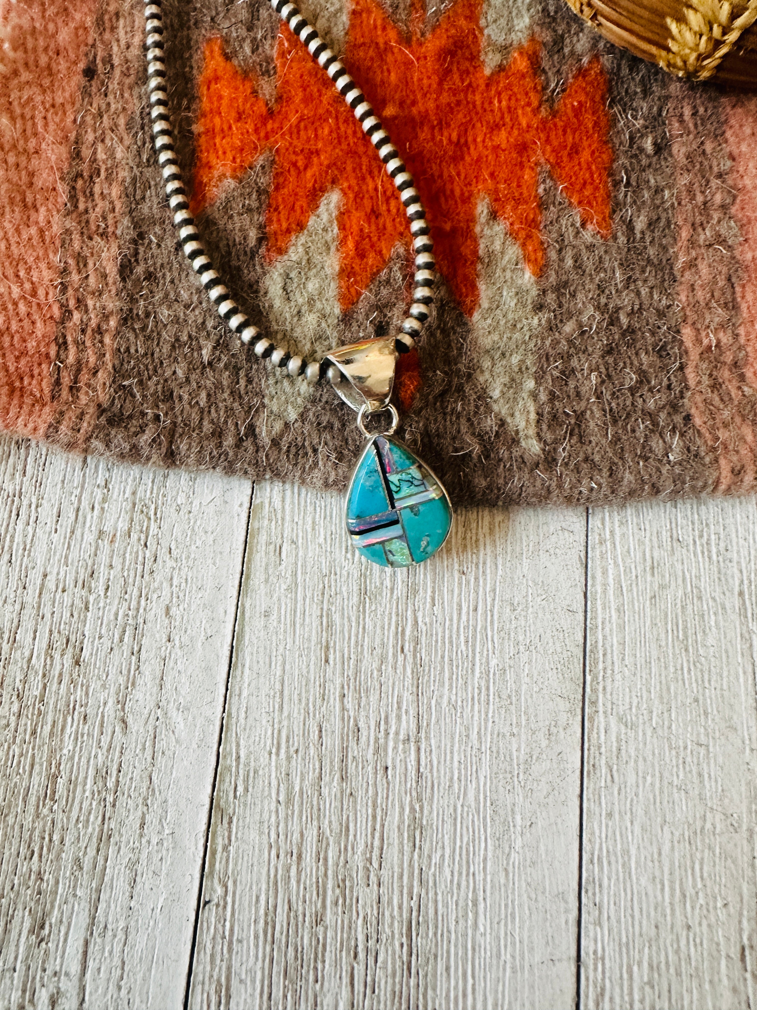 Navajo Multi Stone & Sterling Silver Inlay Teardrop Pendant