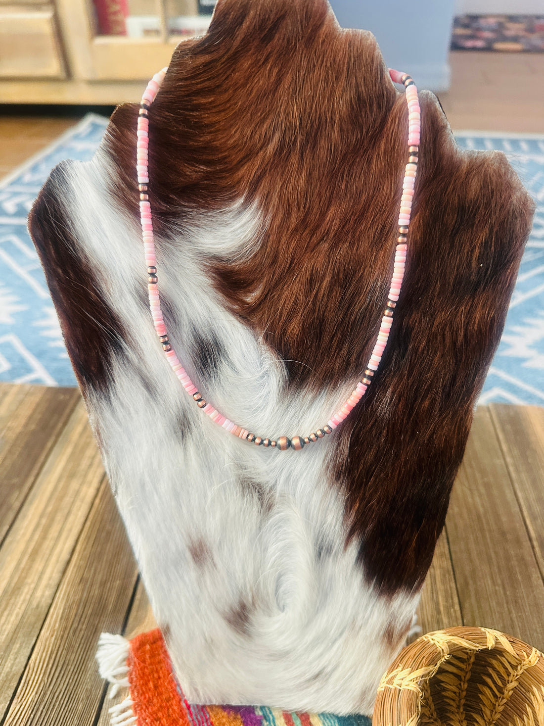 Handcrafted Queen Pink Conch & Copper 16” Beaded Necklace
