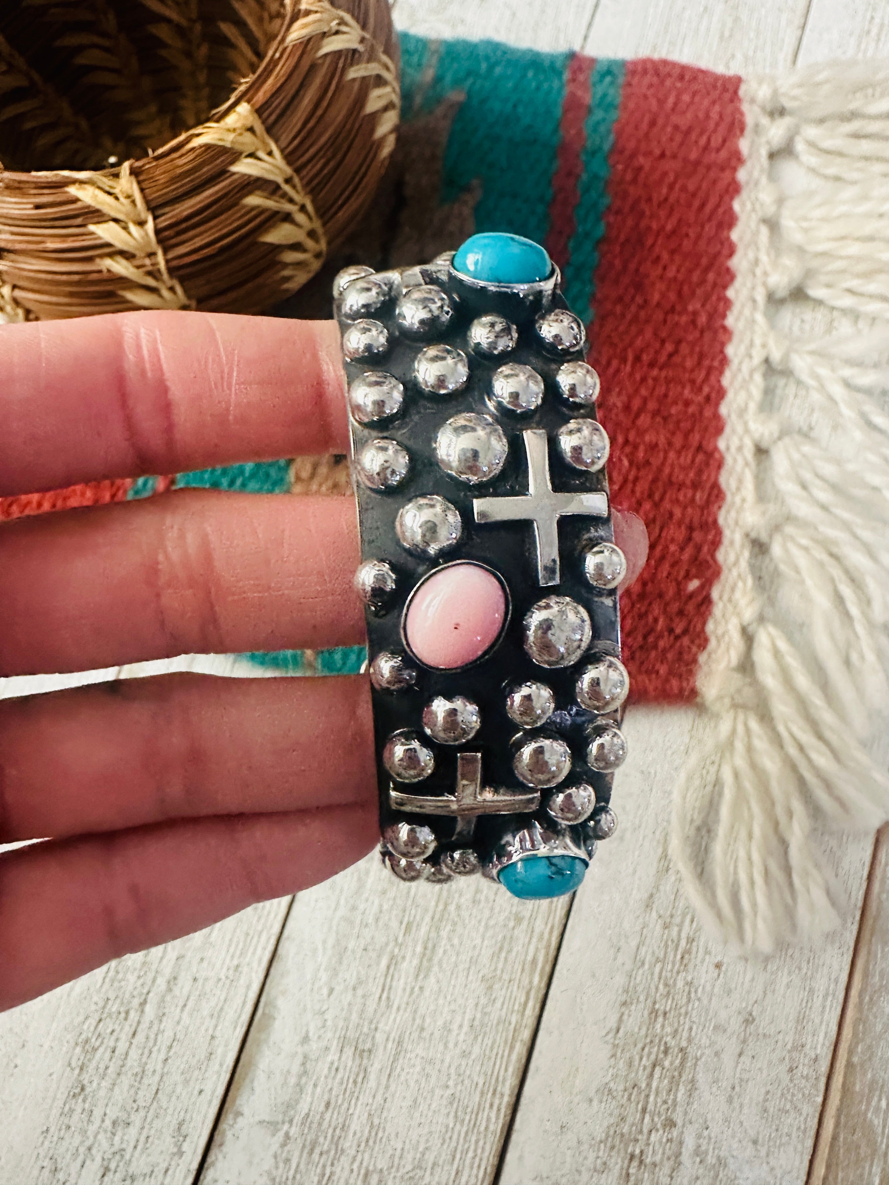 Navajo Turquoise, Queen Pink Conch & Sterling Silver Cross Cuff Bracelet By Chimney Butte