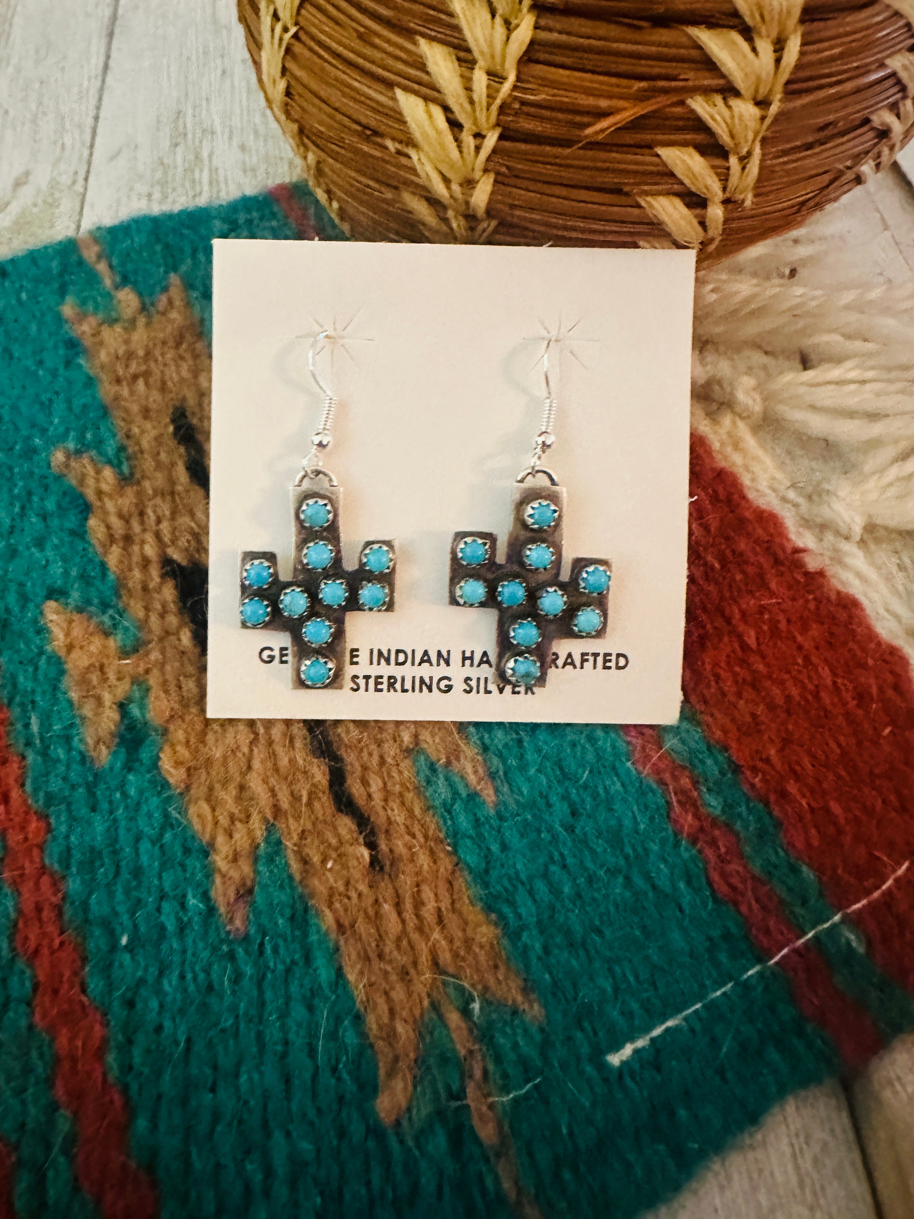 Navajo Sterling Silver & Turquoise Cactus Dangle Earrings