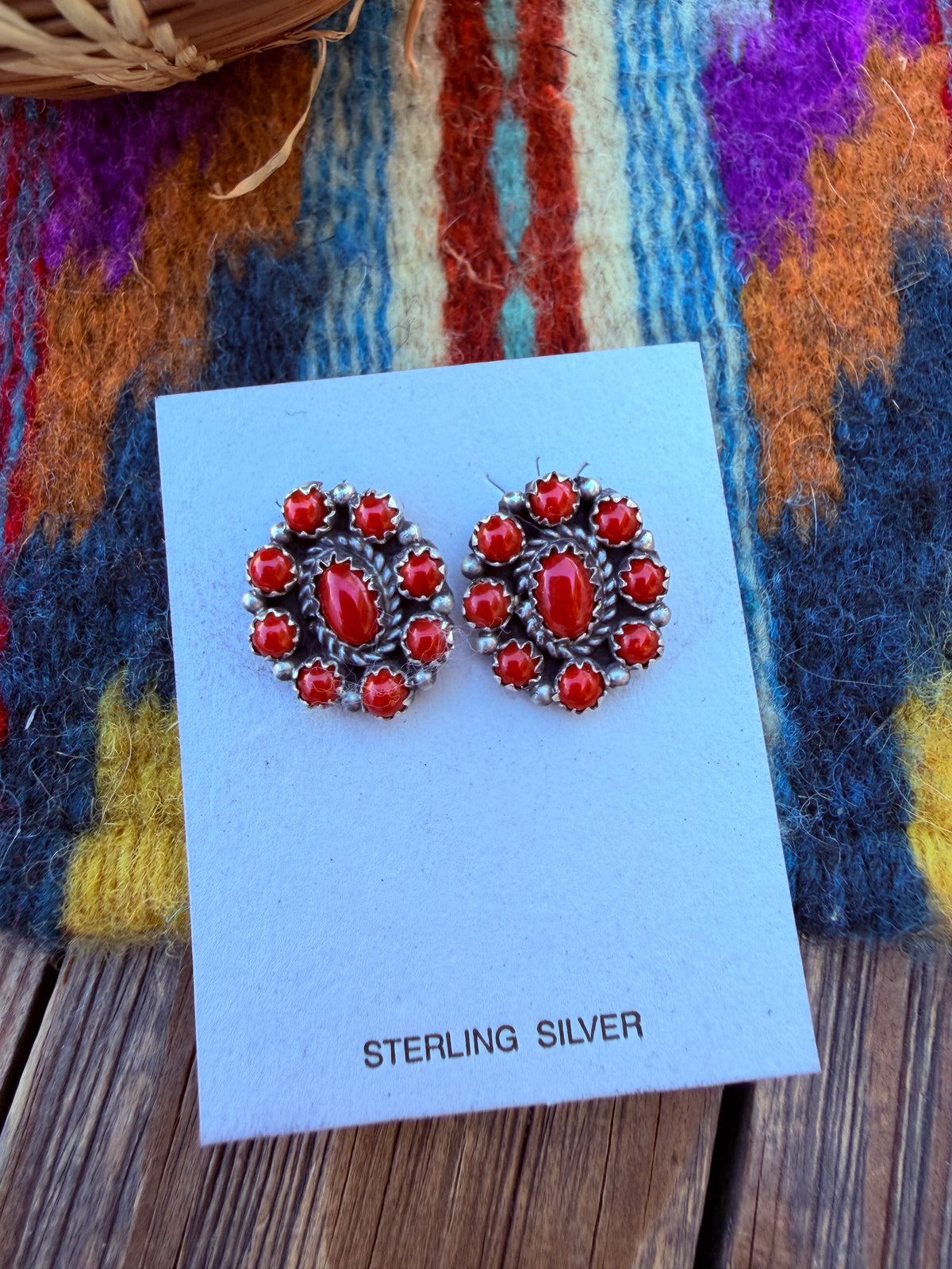Handcrafted Sterling Silver & Coral Cluster Stud Earrings