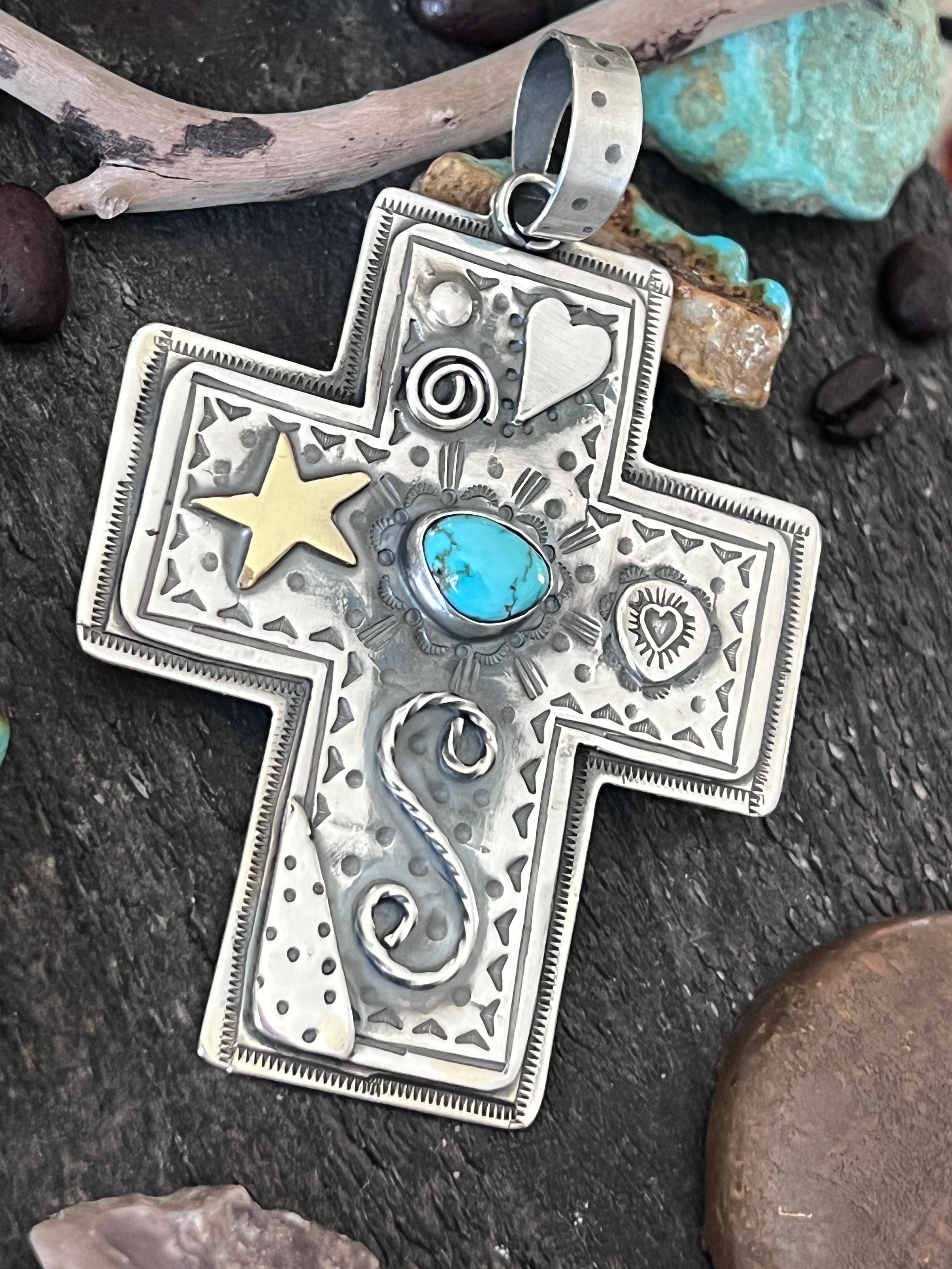 Hand Stamped Sterling Silver & Turquoise Cross Pendant by Kimari Somers