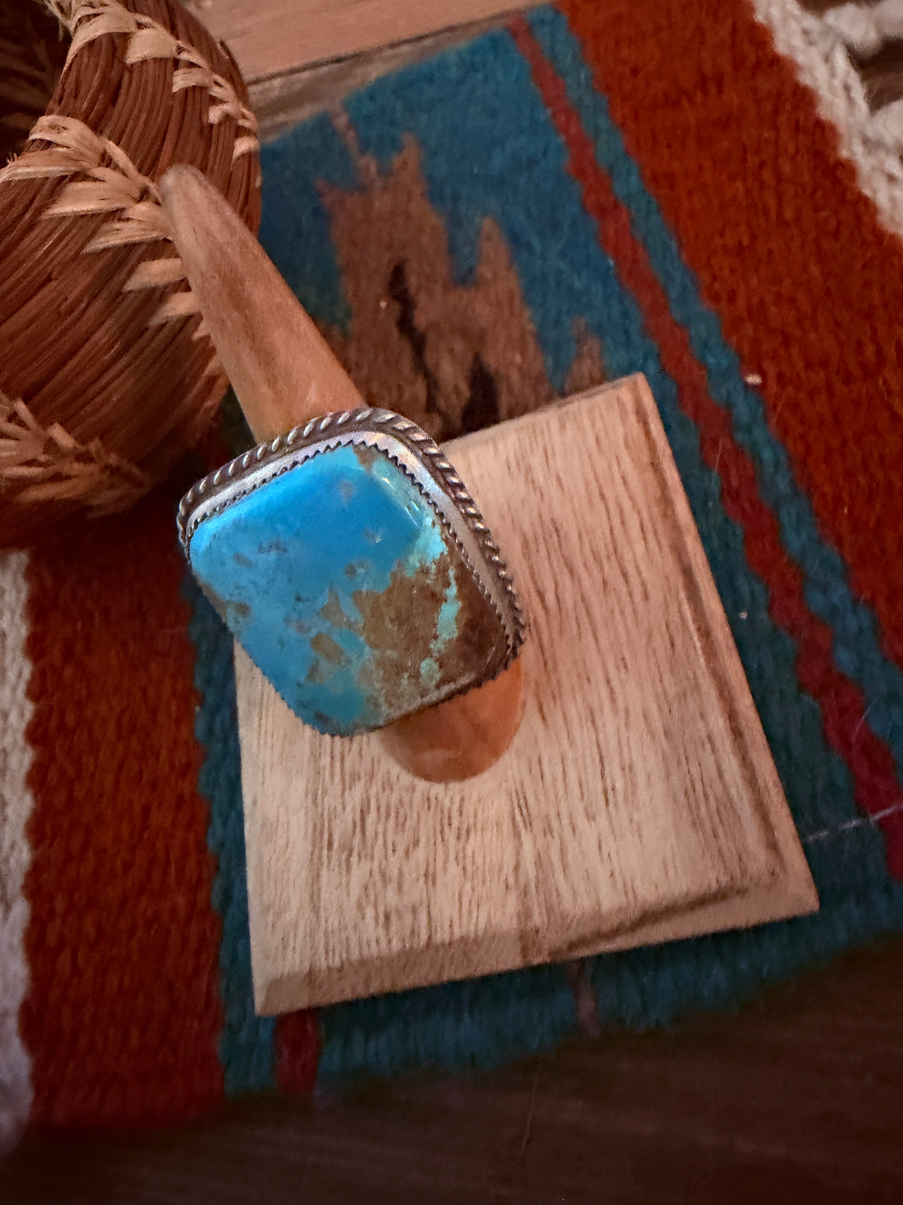 Handcrafted Royston Turquoise & Sterling Silver Ring Size 8.25 by Leslie Nez