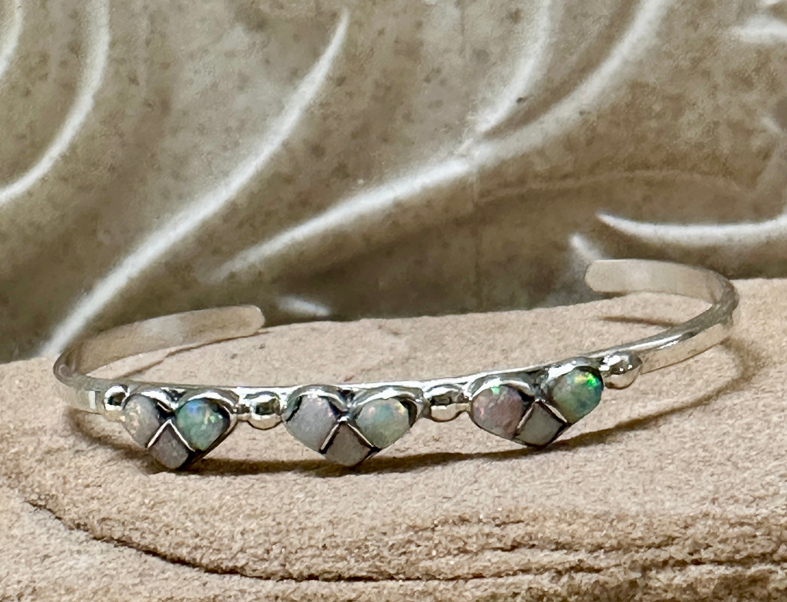 Sterling Silver Opal Three White Hearts Baby Cuff Bracelet