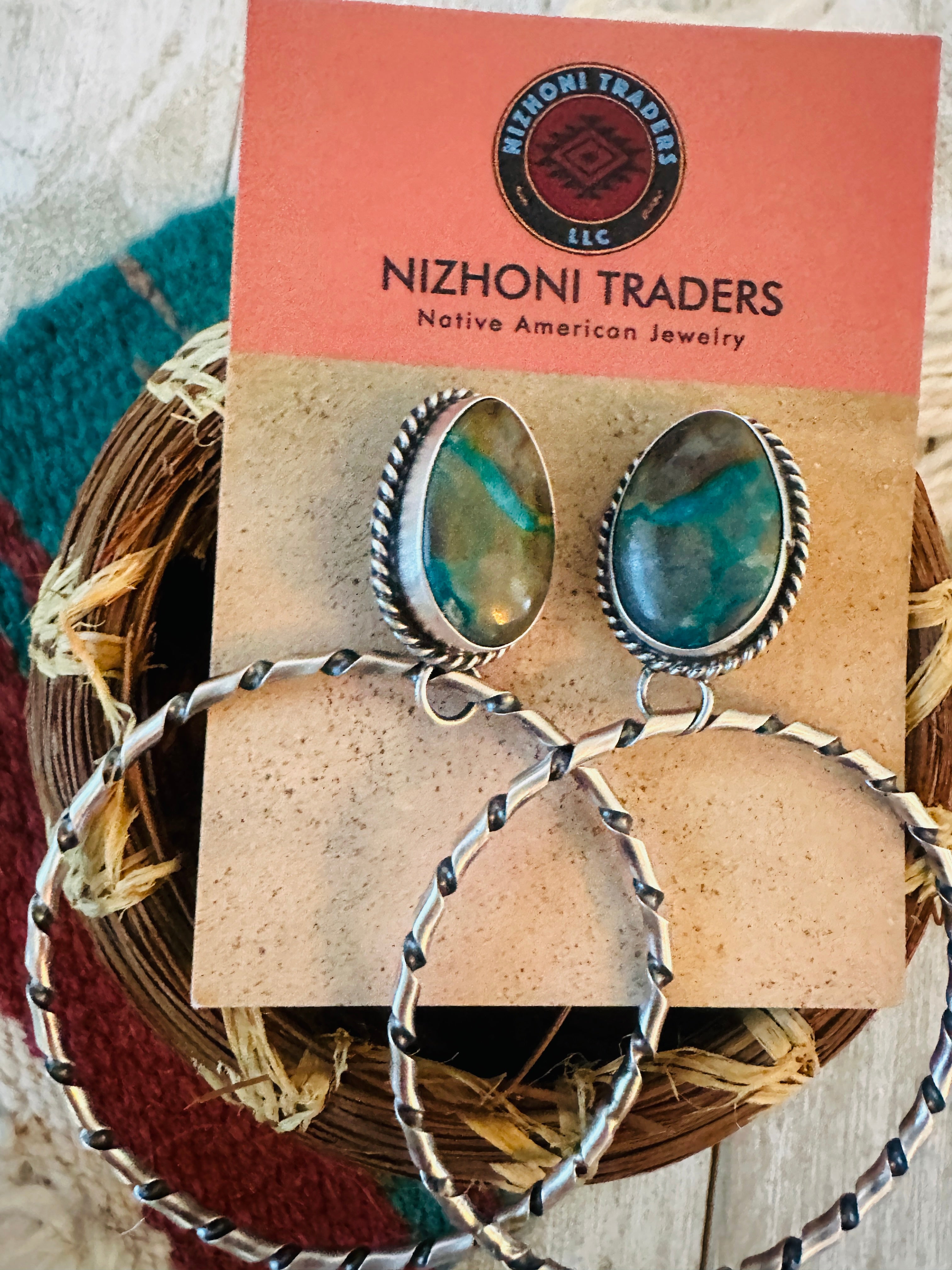 Navajo Ribbon Turquoise and Sterling Silver Dangle Hoop Earrings