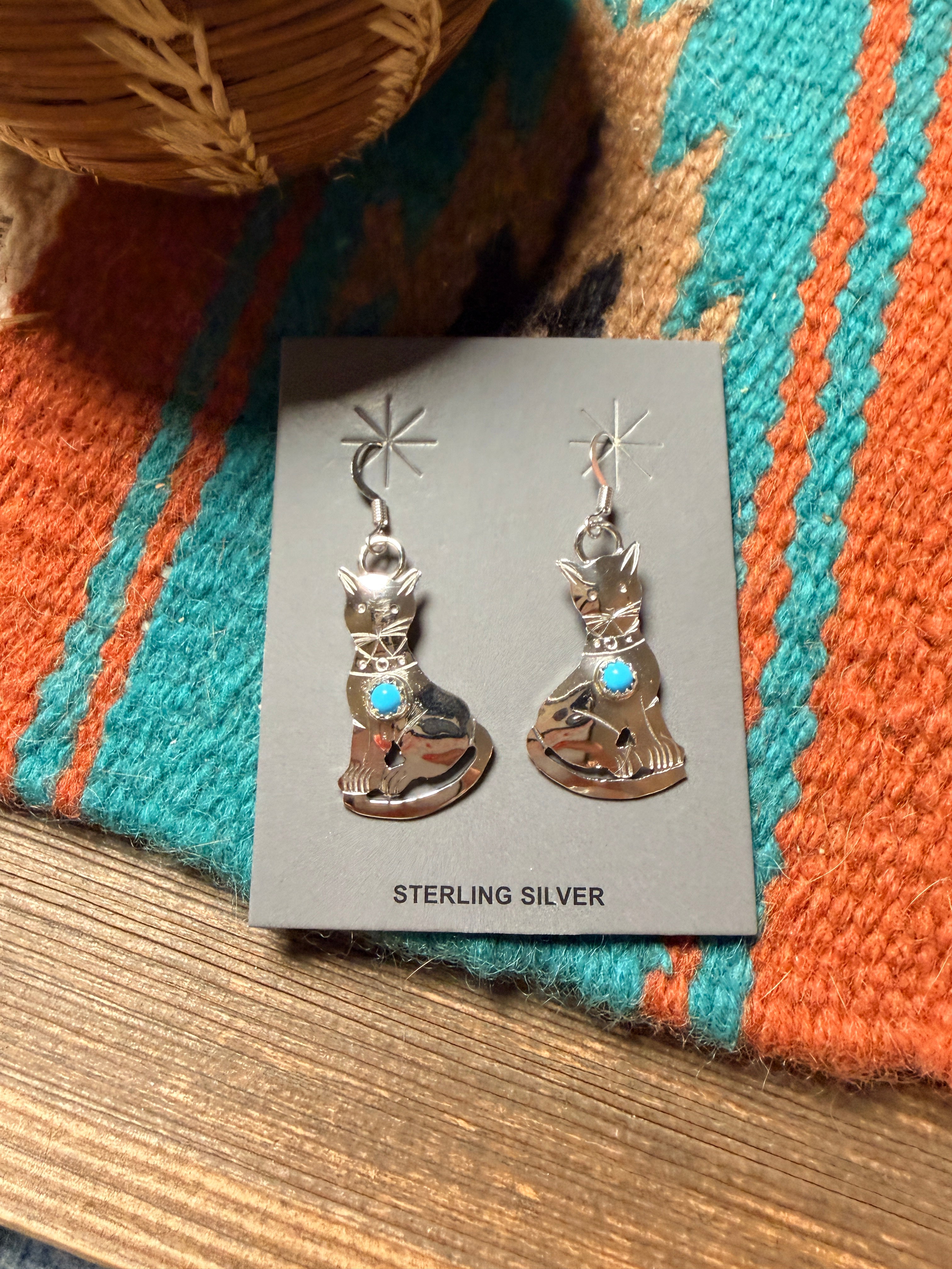 Handcrafted Turquoise & Sterling Silver Cat Dangle Earrings Signed