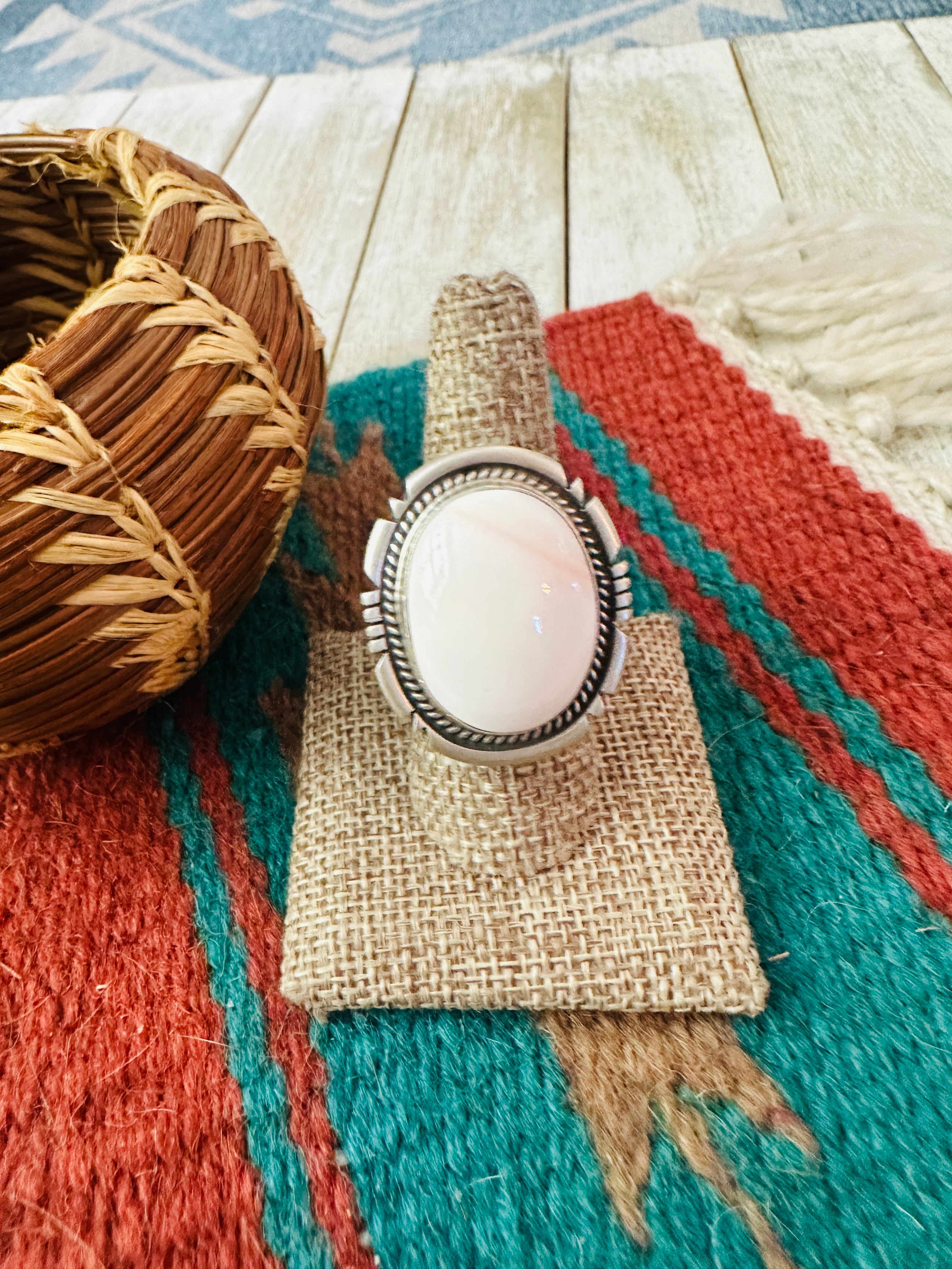 Handcrafted Queen Pink Conch & Sterling Silver Adjustable Ring