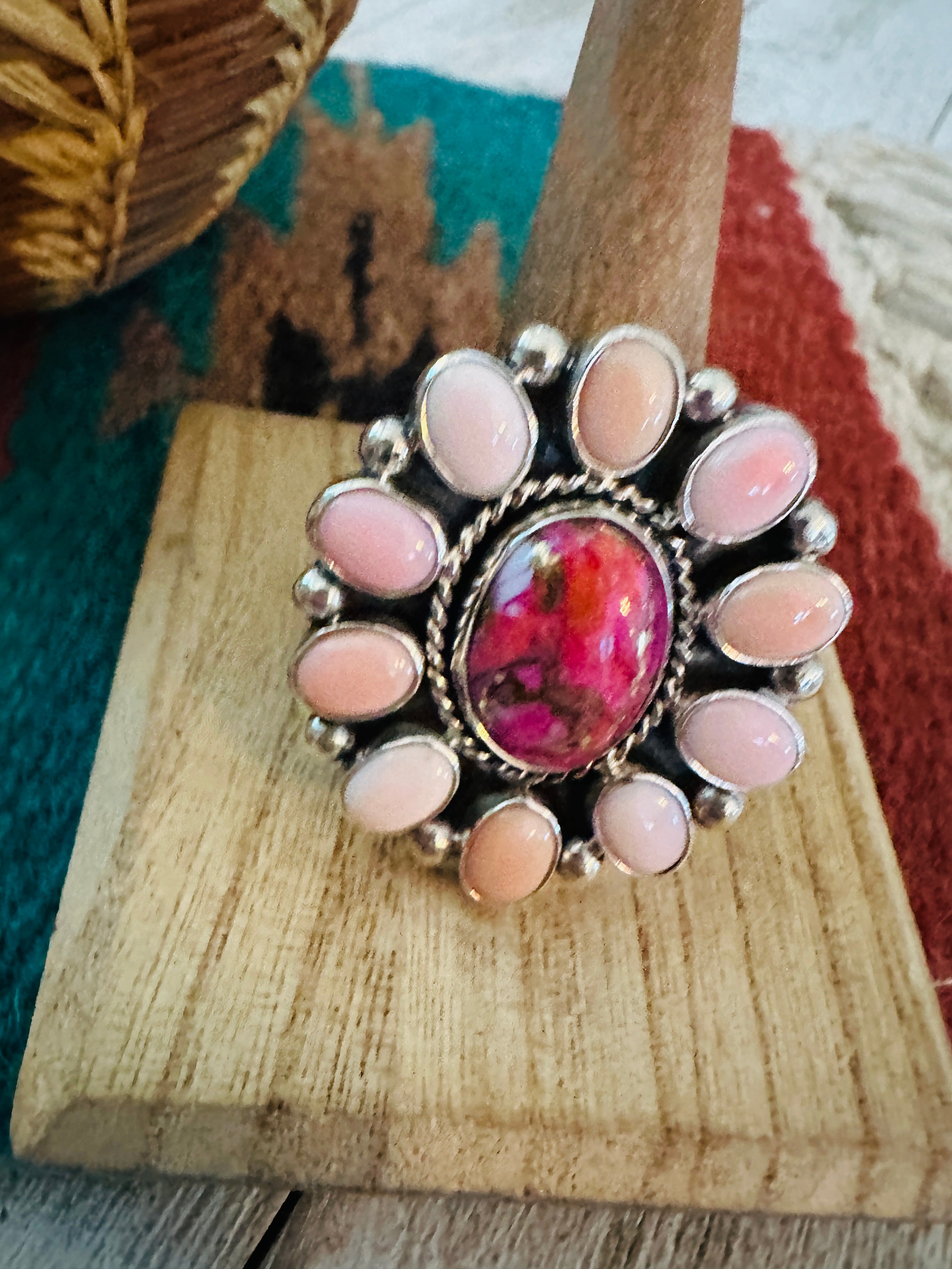 Navajo Sterling Silver, Queen Pink Conch & Pink Dream Cluster Adjustable Ring