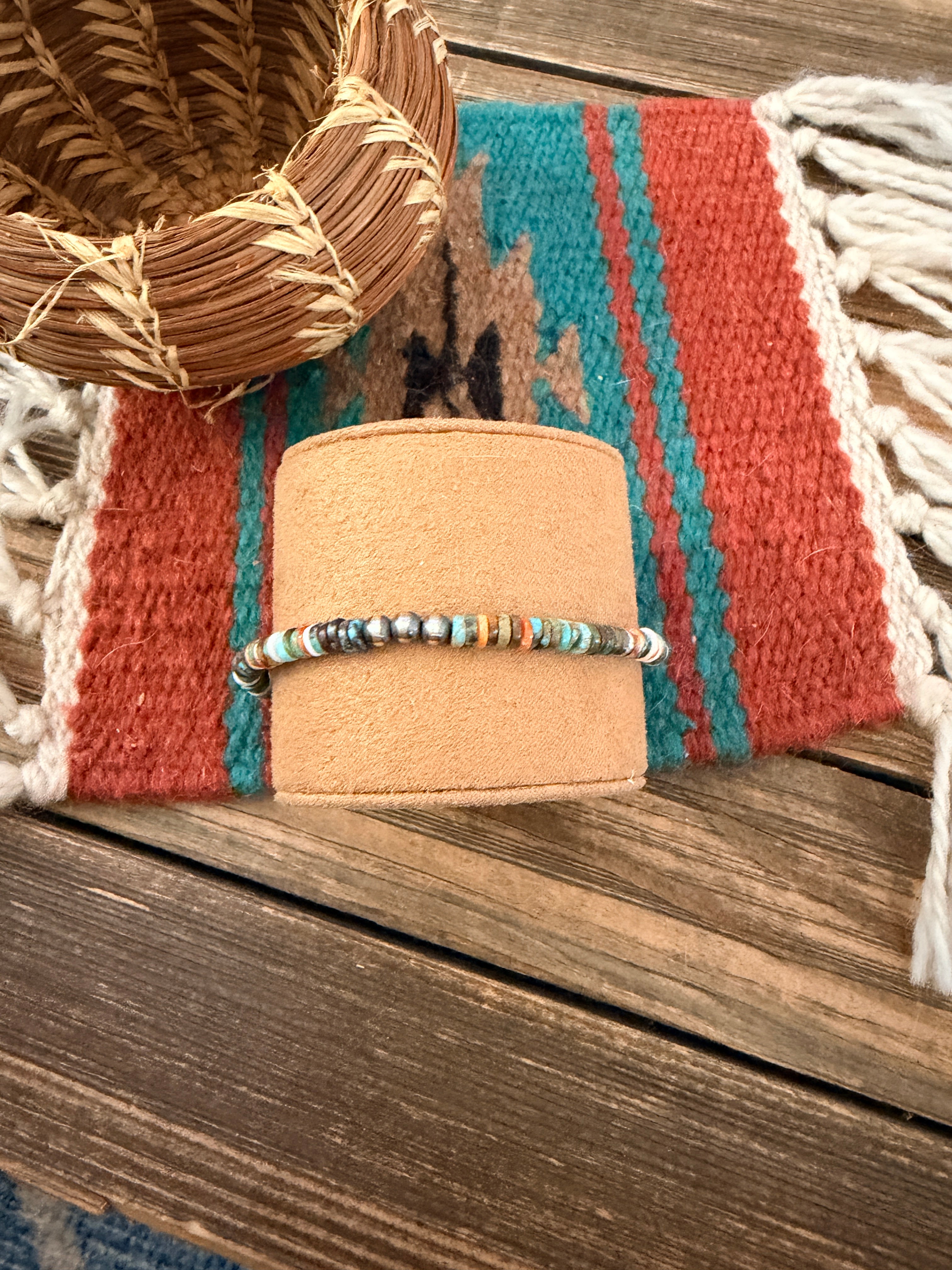 Handcrafted Turquoise, Spiny Oyster & Sterling Silver Pearl Beaded Bracelet