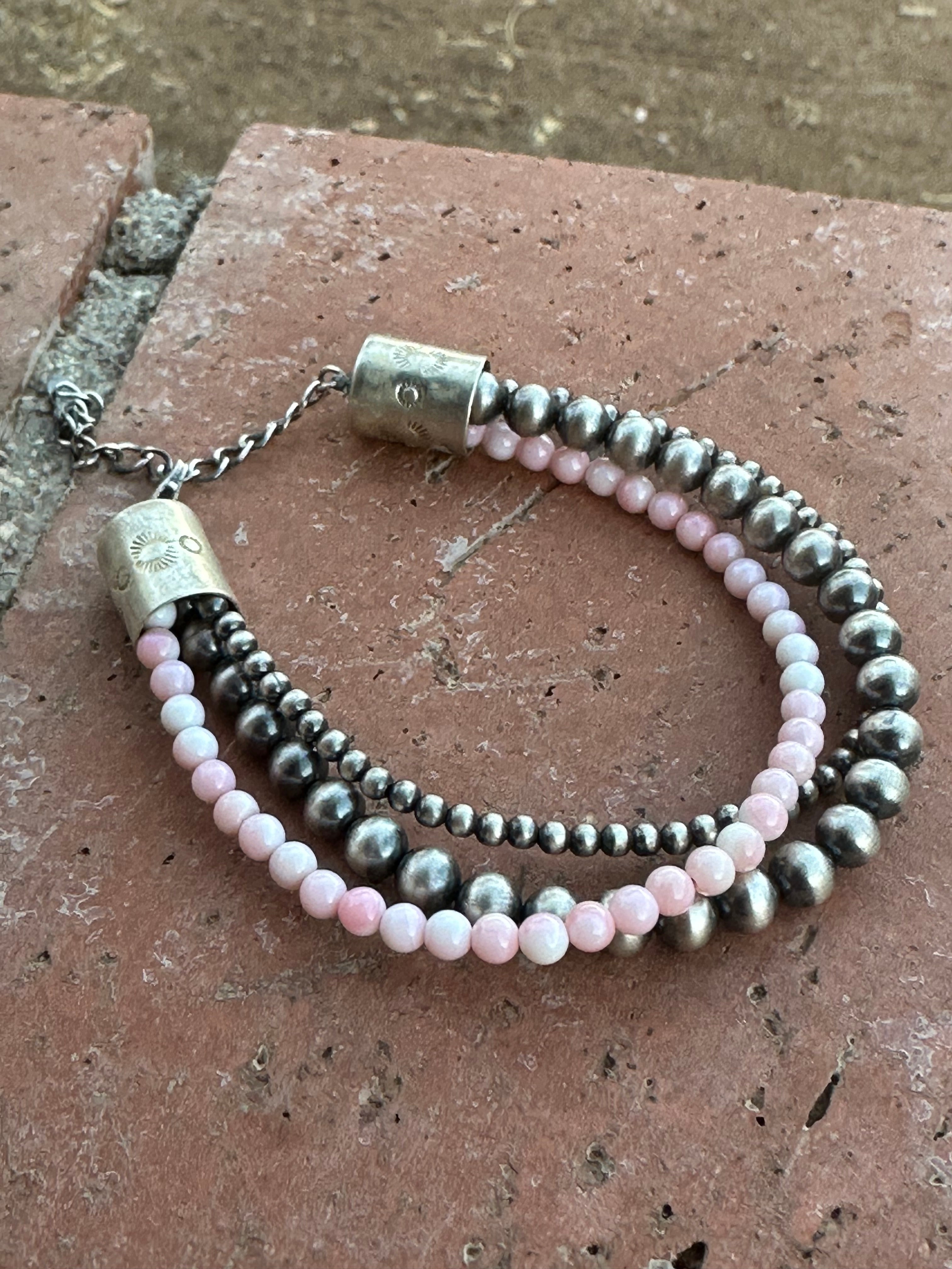 Handmade Sterling Silver and Pink Conch Beaded Bracelet