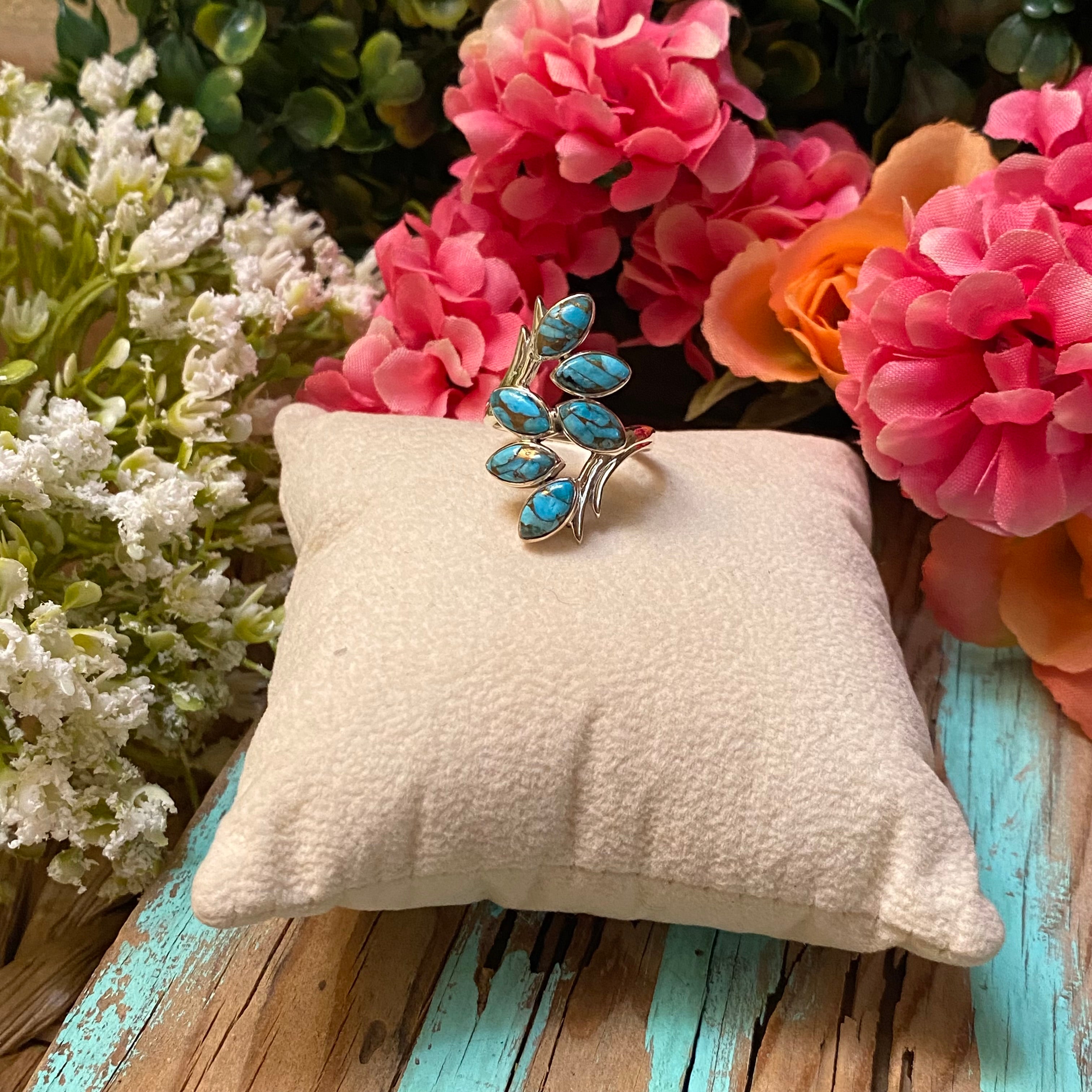 Sterling Silver Six Leaf Copper Turquoise Ring Size 8