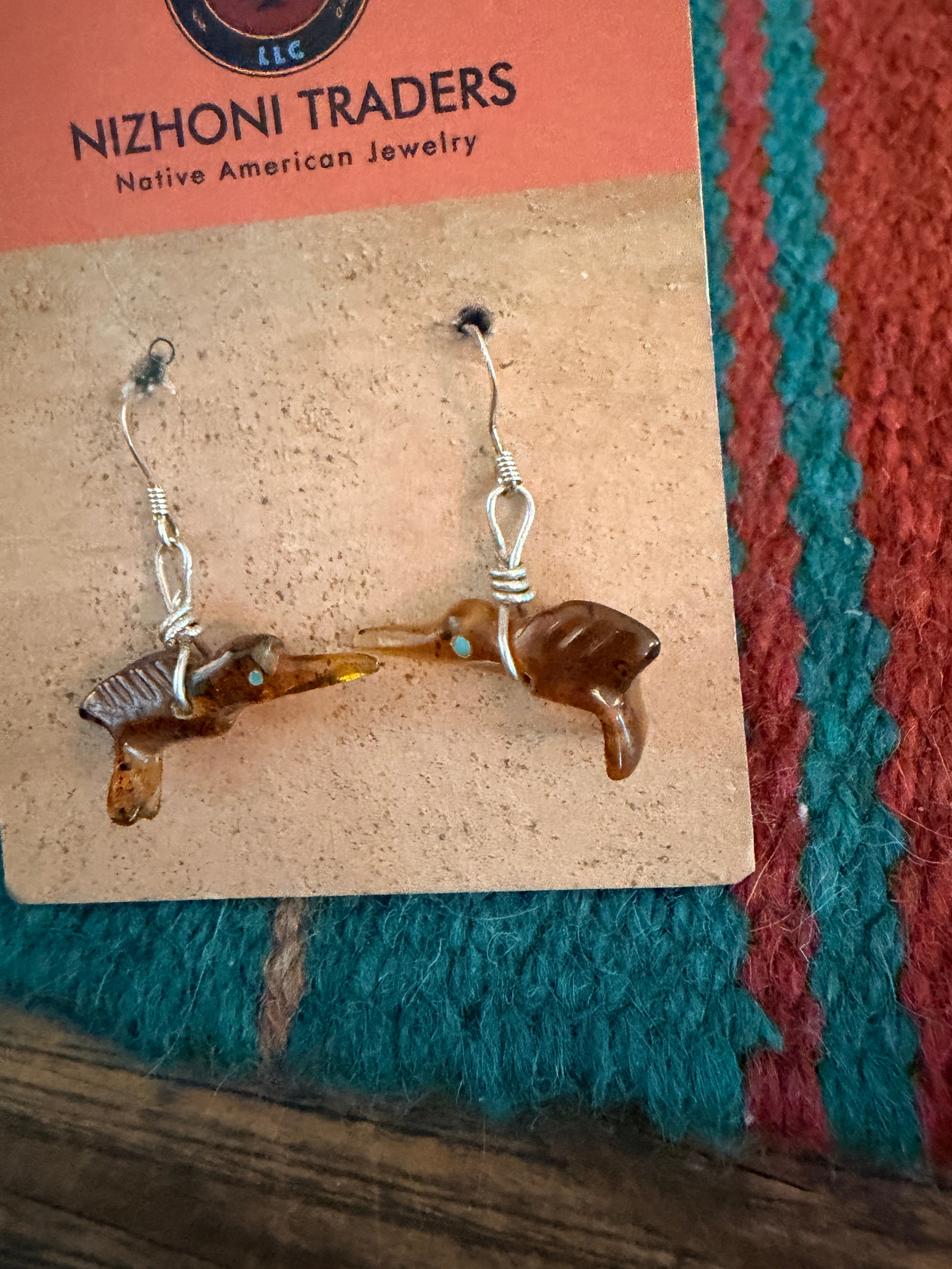 Hand Carved Amber and Turquoise Fetish Hummingbird Dangle Earrings
