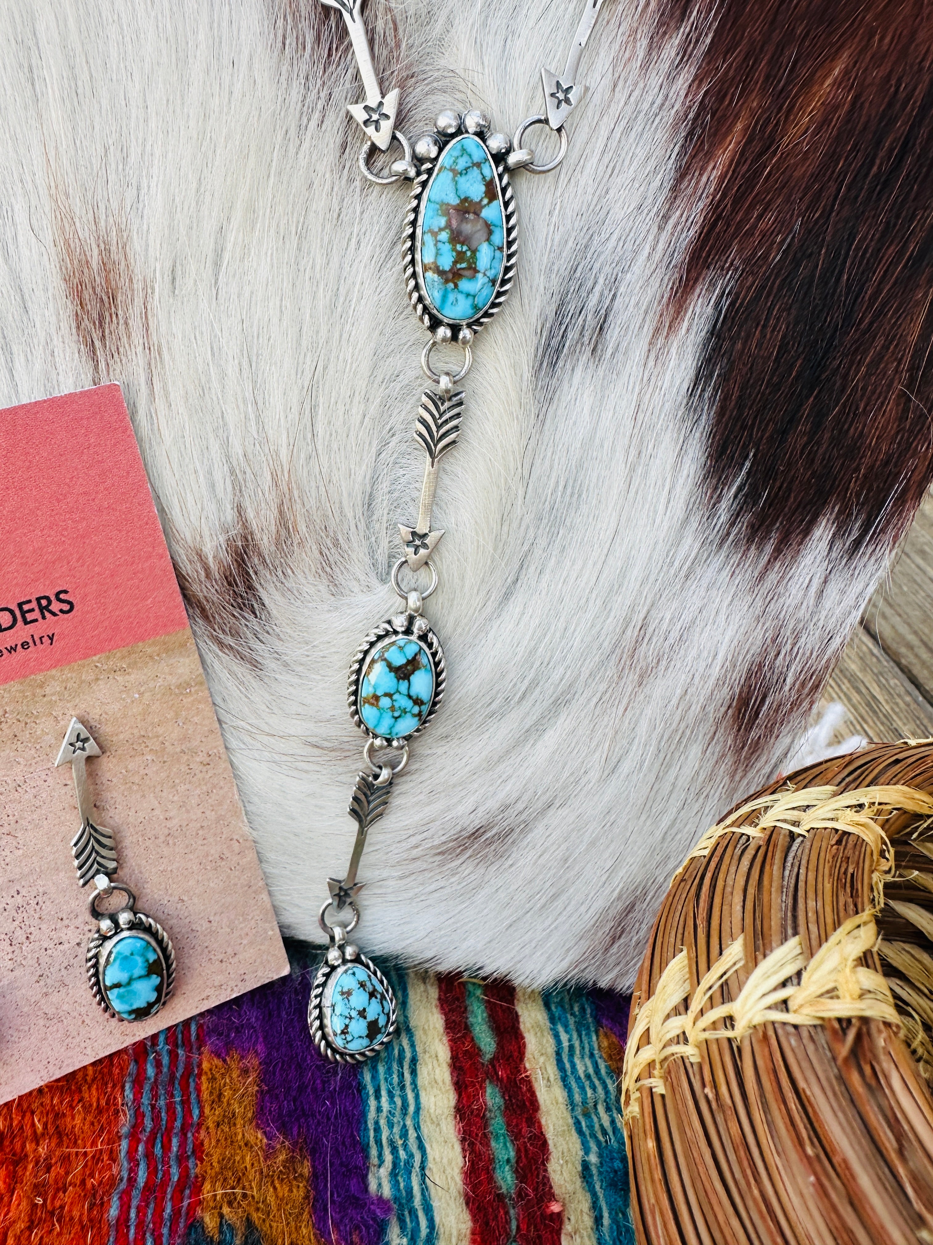 Handcrafted Turquoise & Sterling Silver Arrow Necklace and Earring Set by Fred Francis
