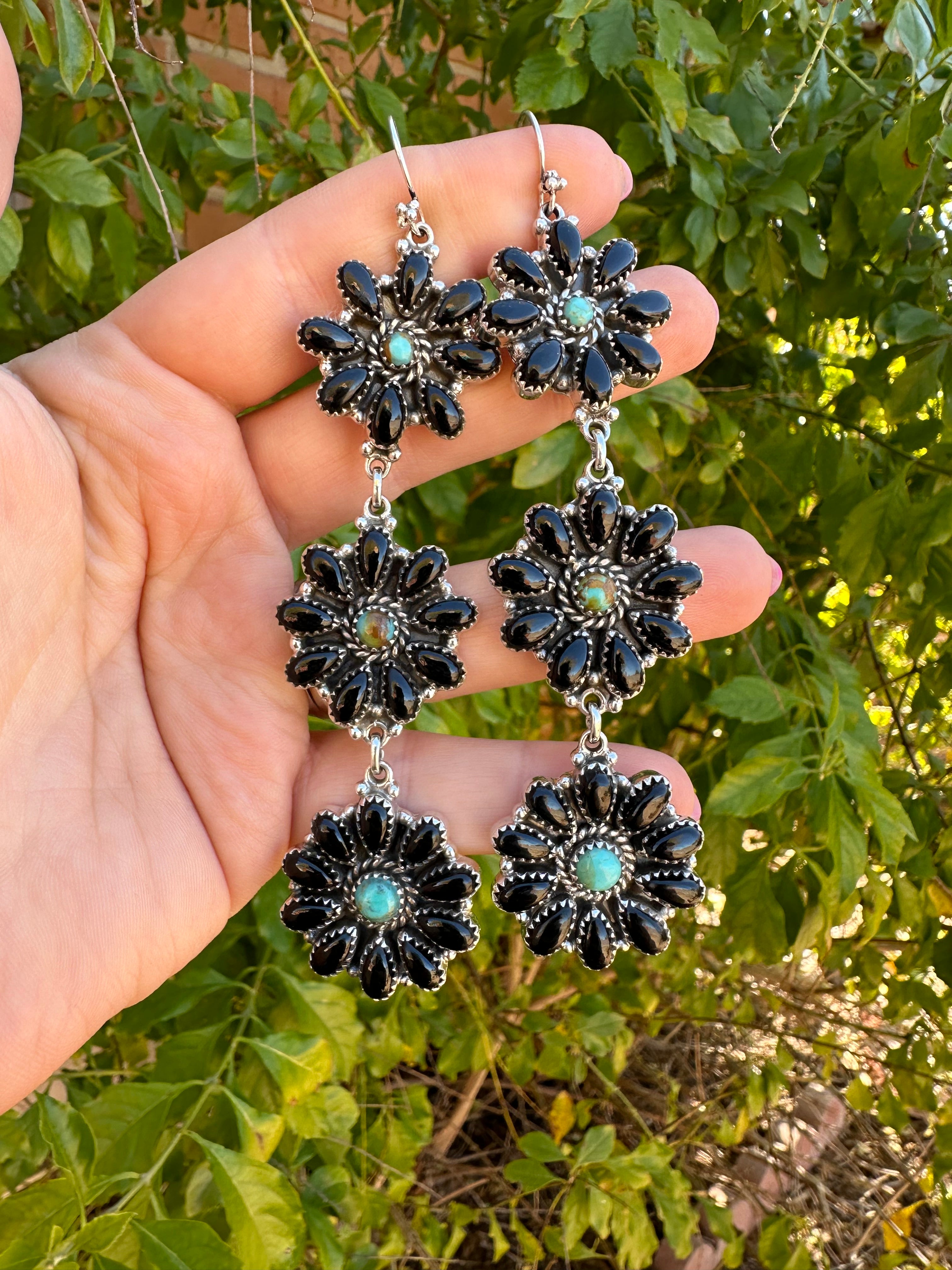 “Better Than Revenge” Handmade Onyx, Turquoise and Sterling Silver Flower Dangle Earrings