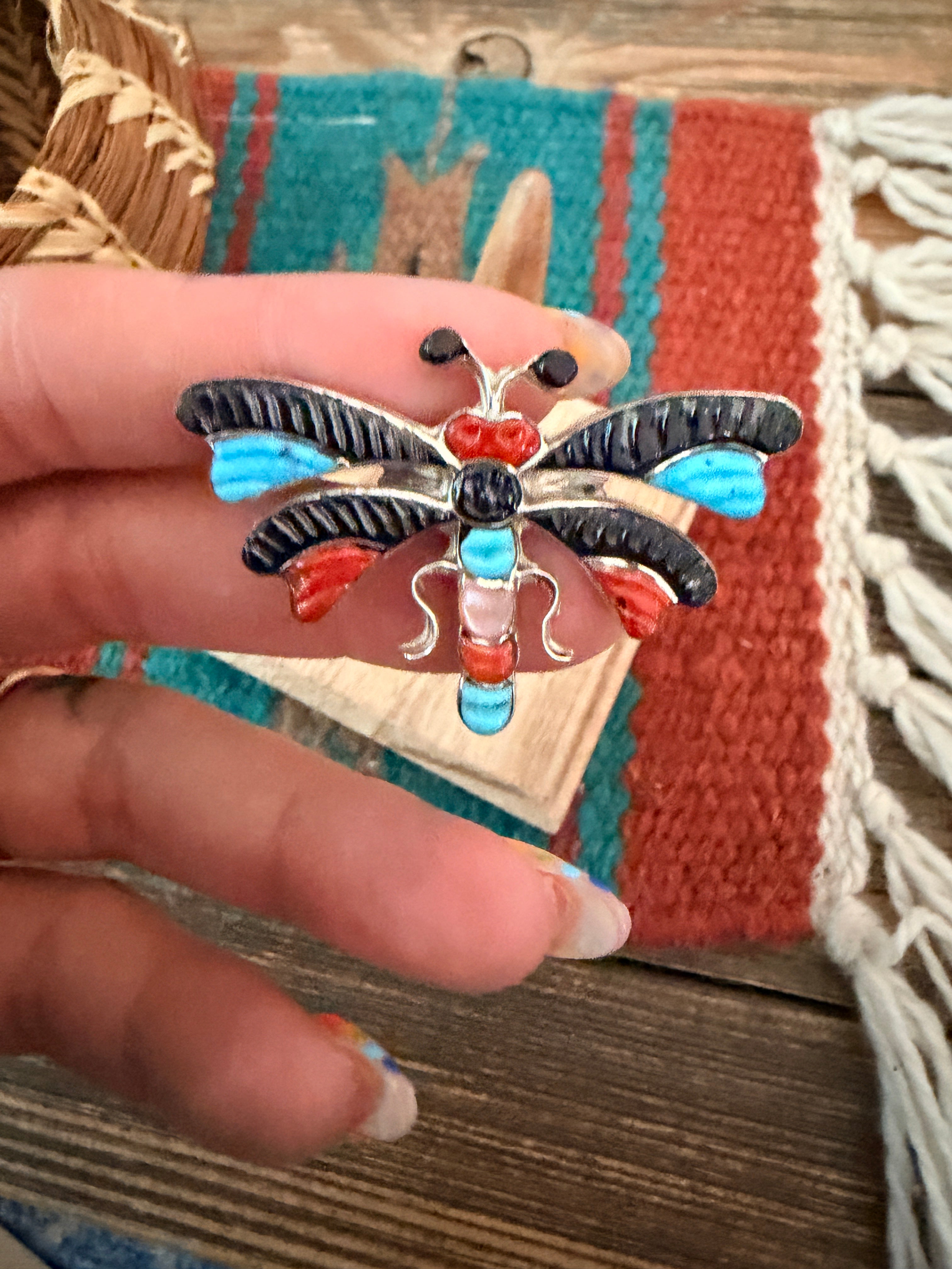 Old Pawn Handcrafted Multi Stone & Sterling Silver Dragonfly Ring Size 5