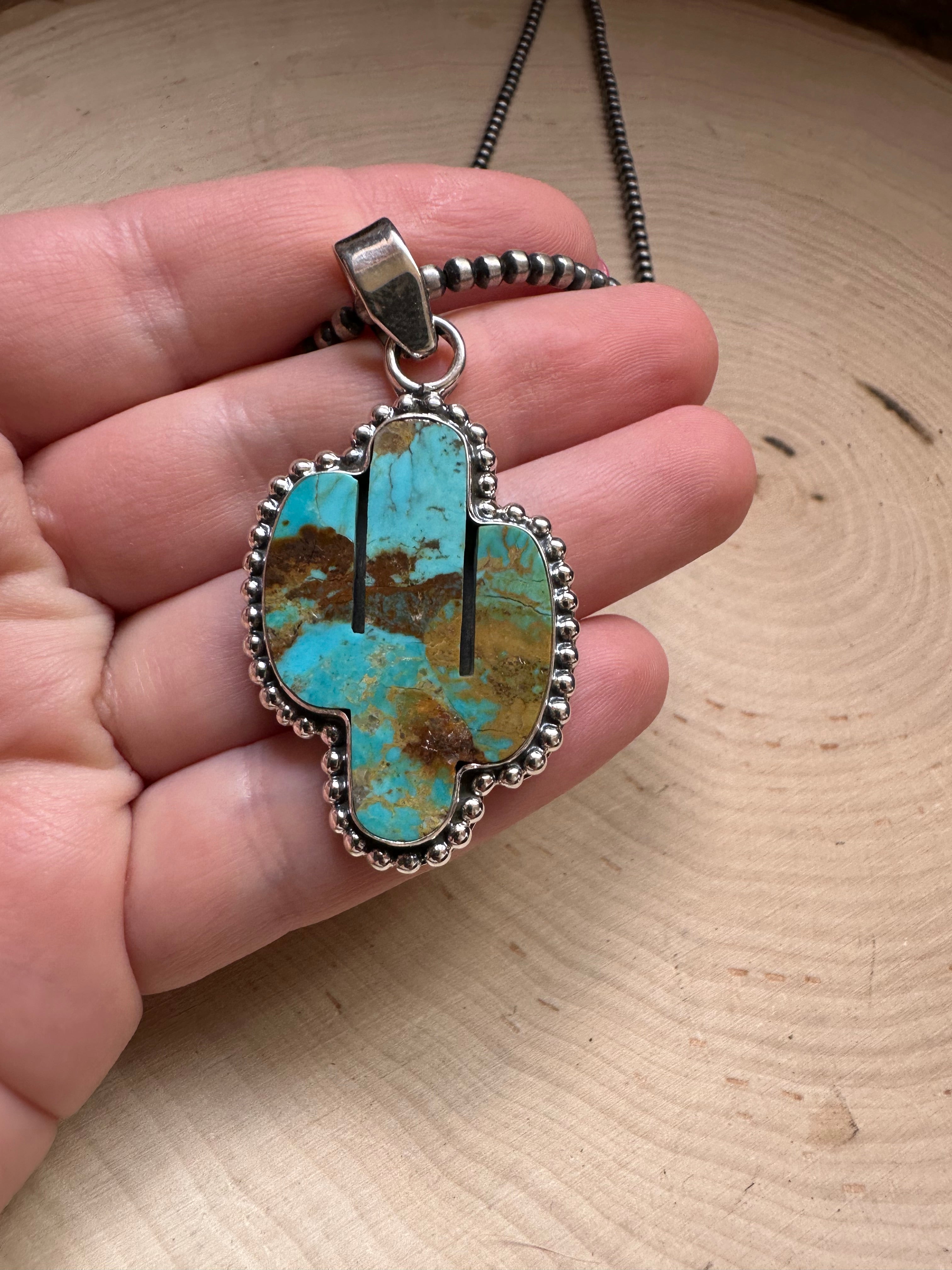 Handmade Sterling Silver Turquoise Saguaro Cactus Pendant