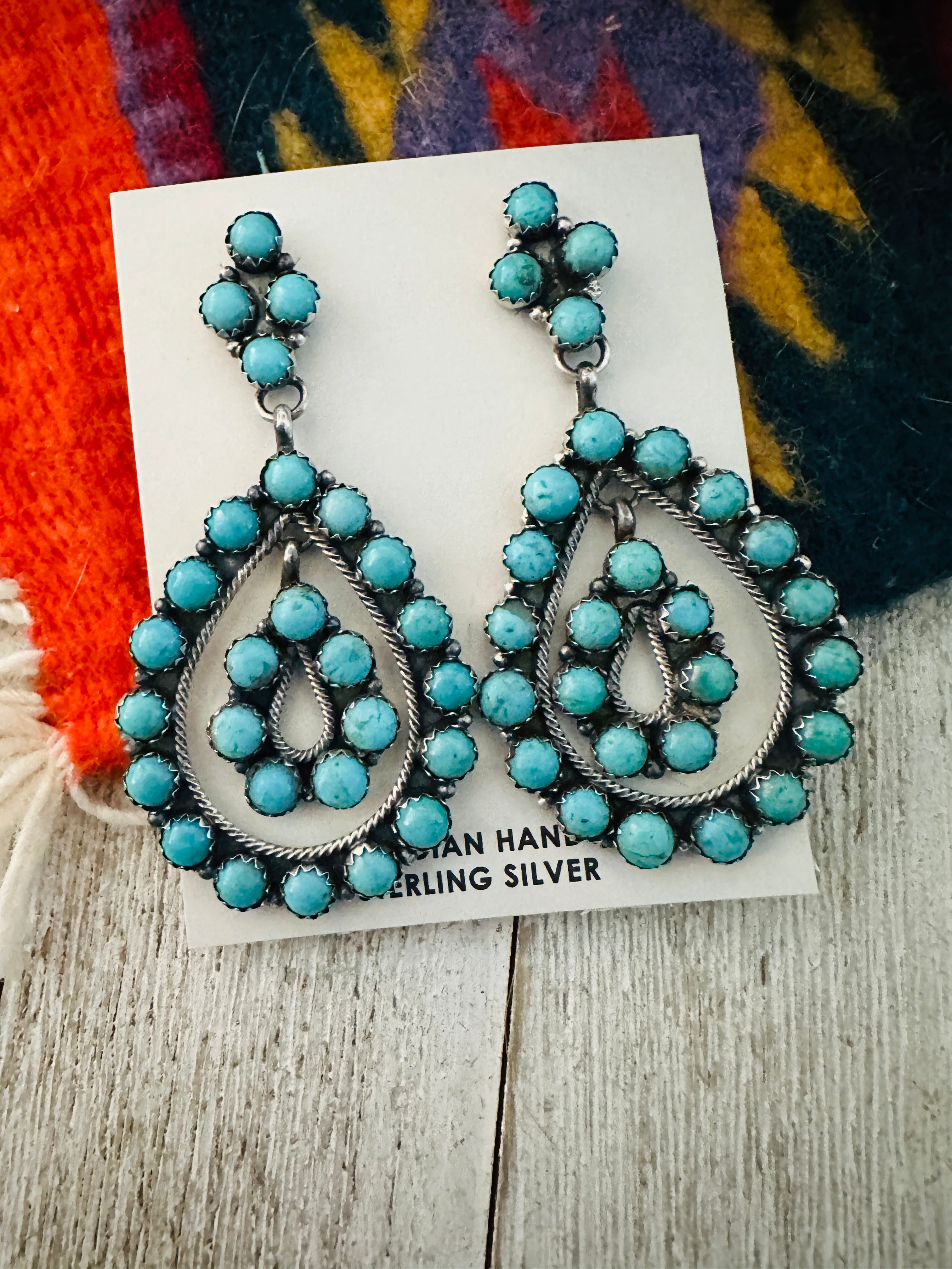 Navajo Sterling Silver & Turquoise Cluster Dangle Earrings