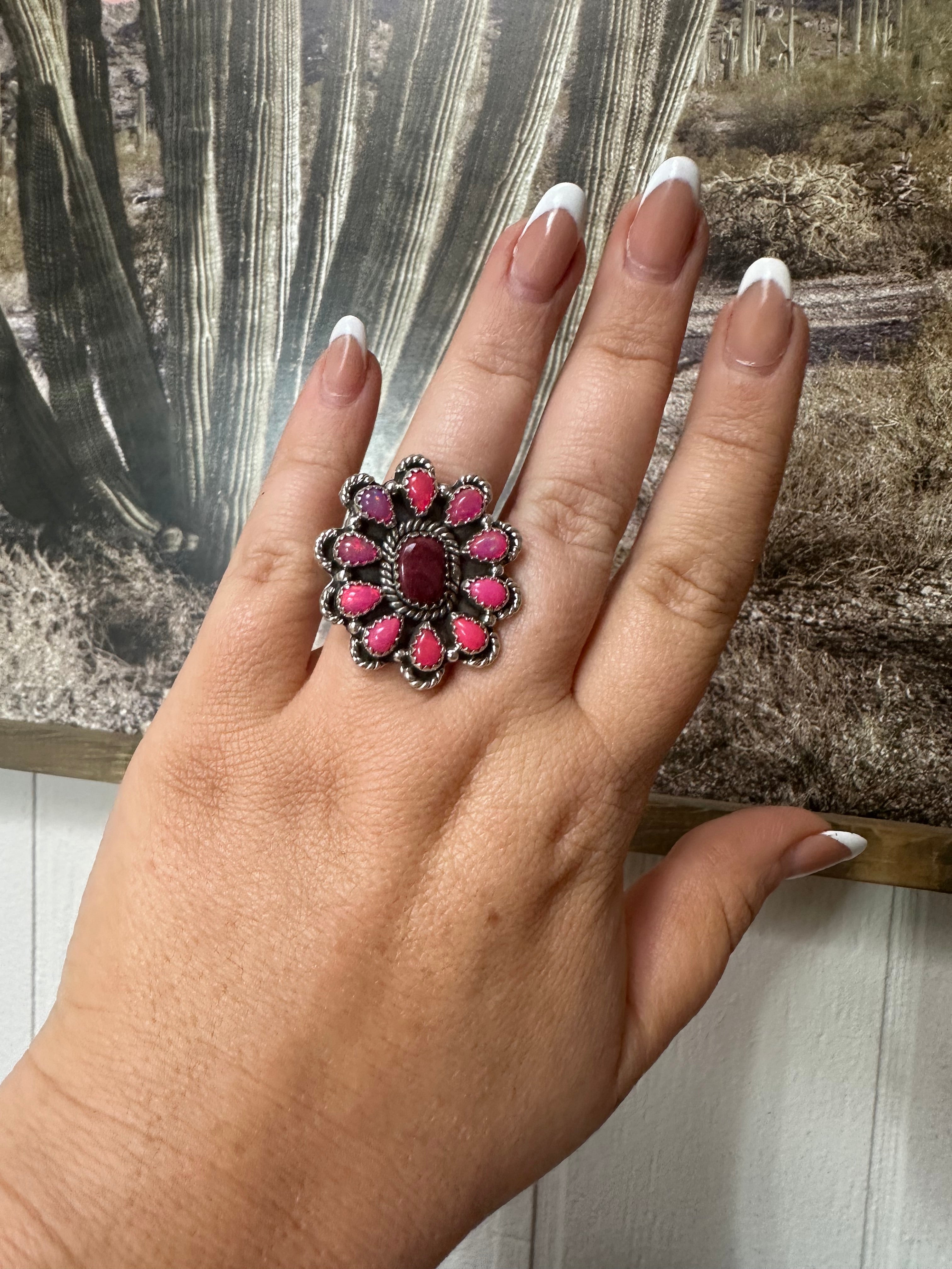 Handmade Purple Spiny, Pink Opal And Sterling Silver Adjustable Ring