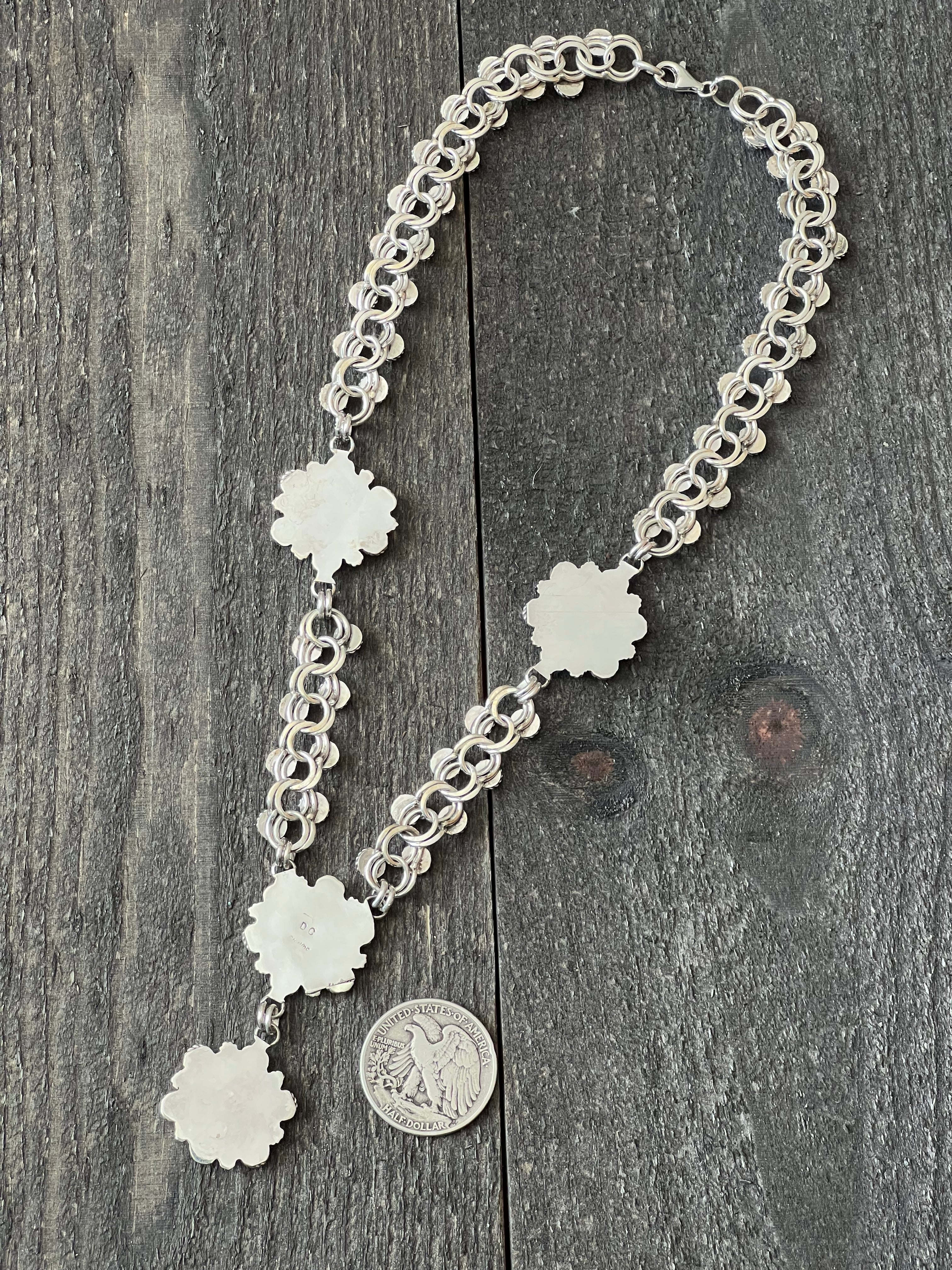 Handcrafted Sterling and Snake Eye Turquoise Link and Cluster Necklace by Dillon Cheama