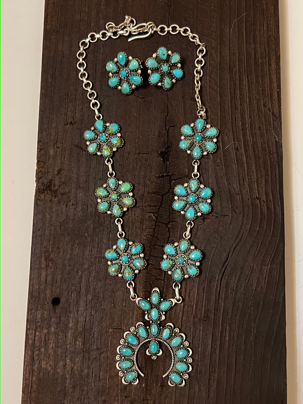 Handmade Turquoise Cluster Lariat Naja Sterling Silver Necklace & Turquoise Cluster Stud Earrings