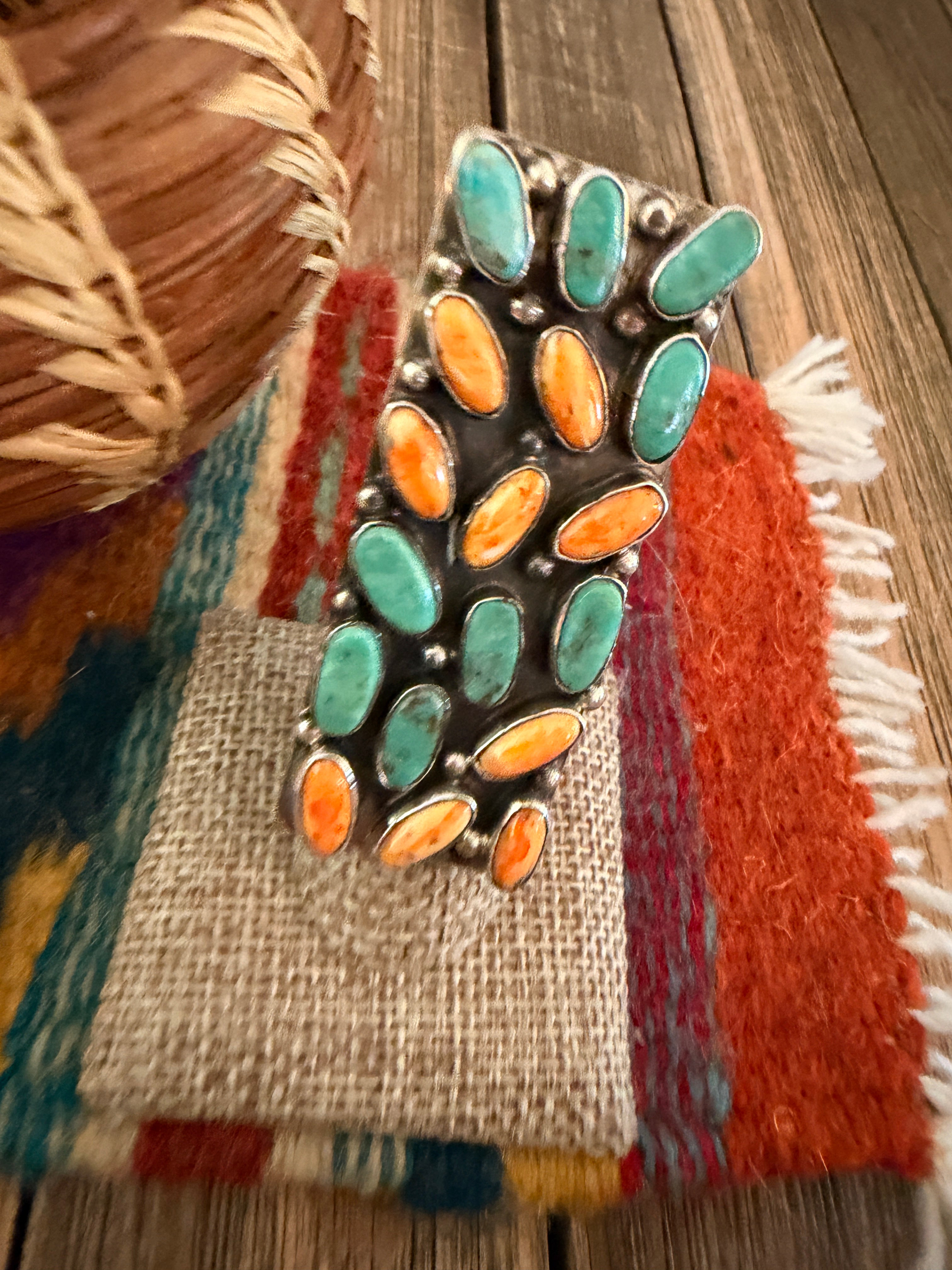 Handcrafted Turquoise, Spiny Oyster & Sterling Silver Cluster Adjustable Ring by Jacqueline Silver