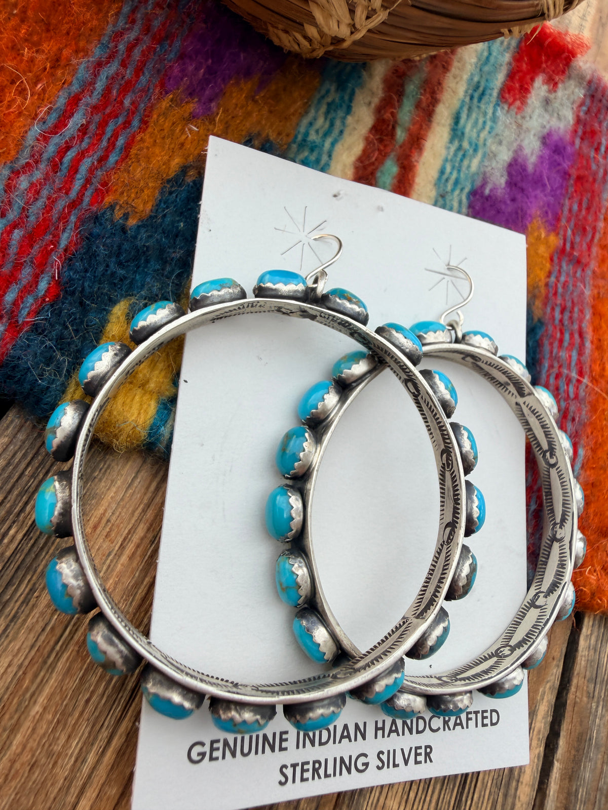 Handcrafted Turquoise & Sterling Silver Dangle Hoop Earrings by Russell Sam