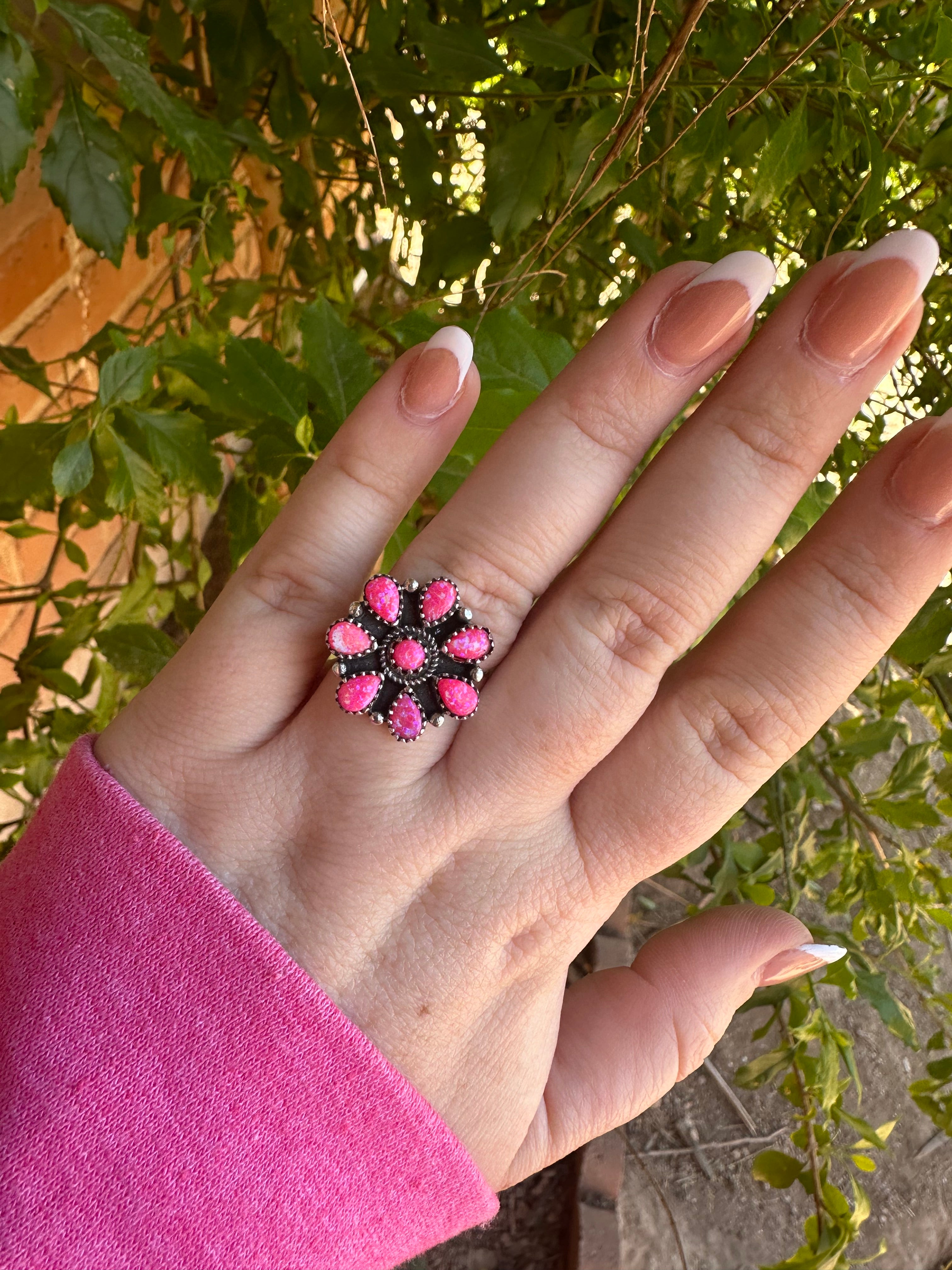 Handmade Adjustable Hot Pink Fire Opal & Sterling Silver Ring