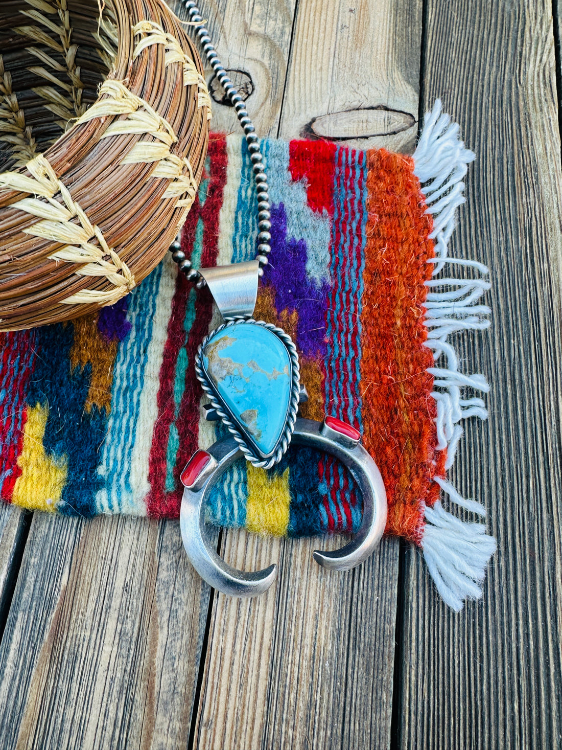 Handcrafted Sterling Silver, Turquoise & Coral Naja Pendant by Chimney Butte