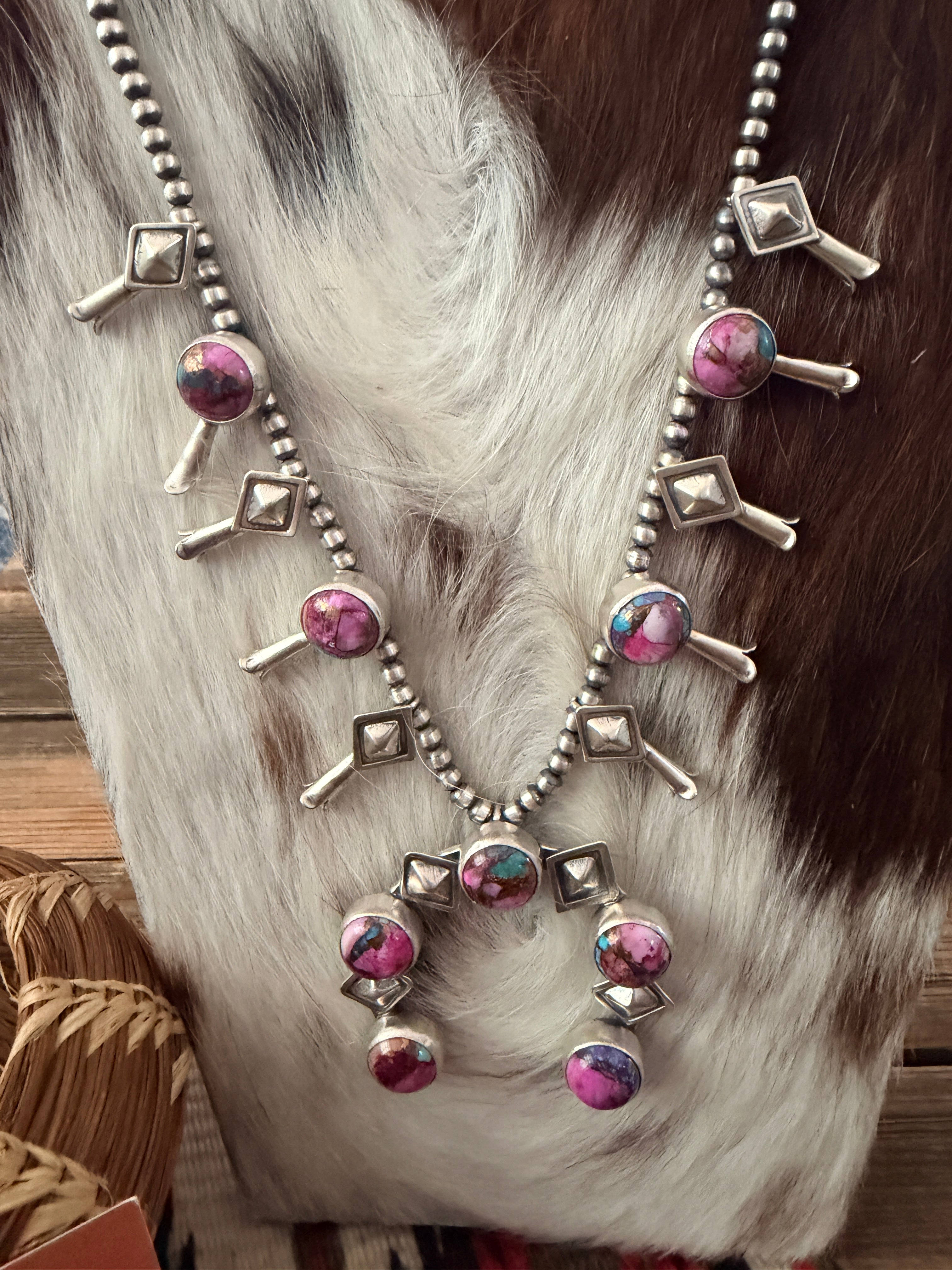 Handcrafted Pink Dream Mojave & Sterling Silver Squash Blossom Necklace and Earring Set