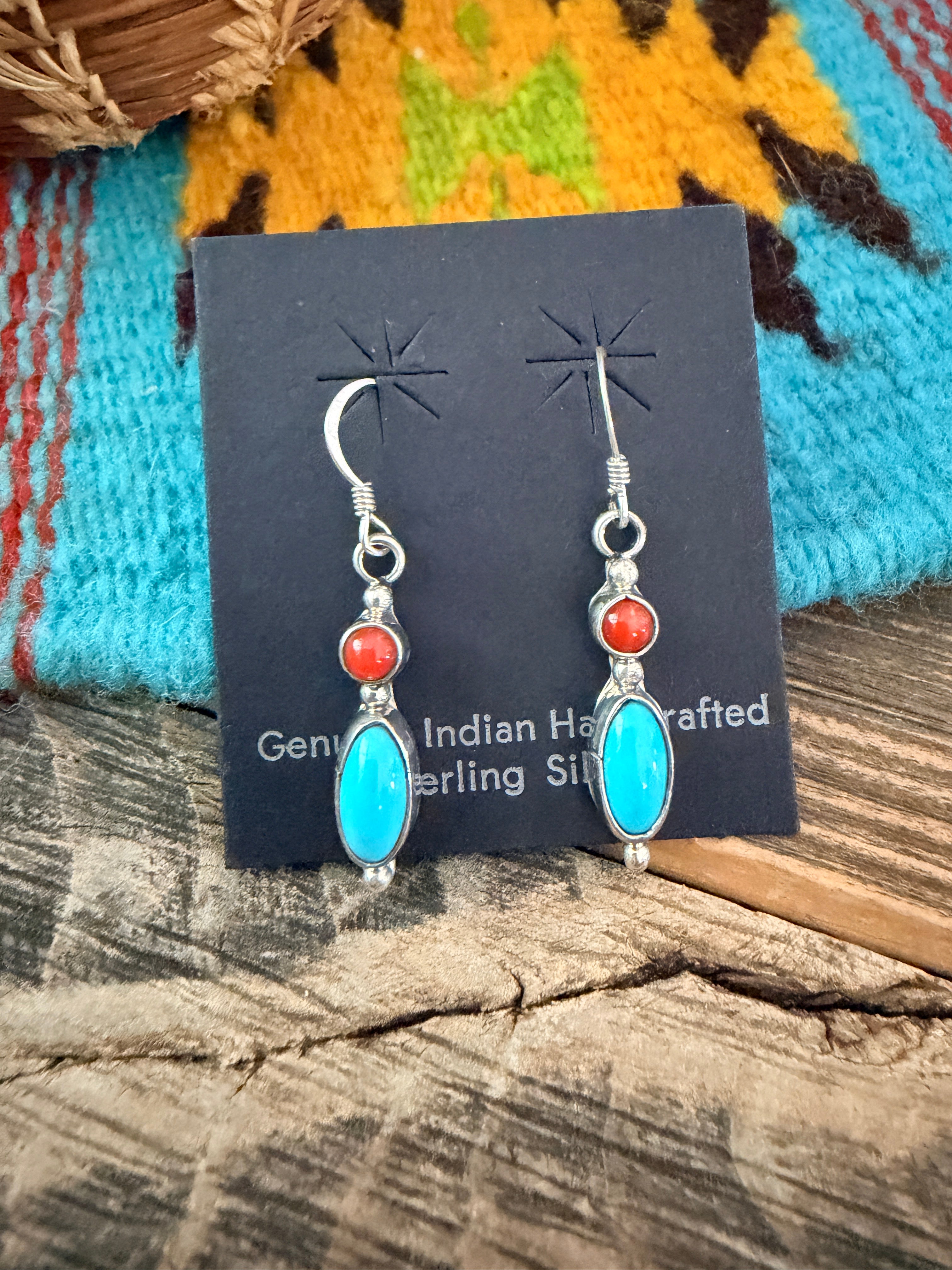 Handcrafted Turquoise, Coral & Sterling Silver Dangle Earrings