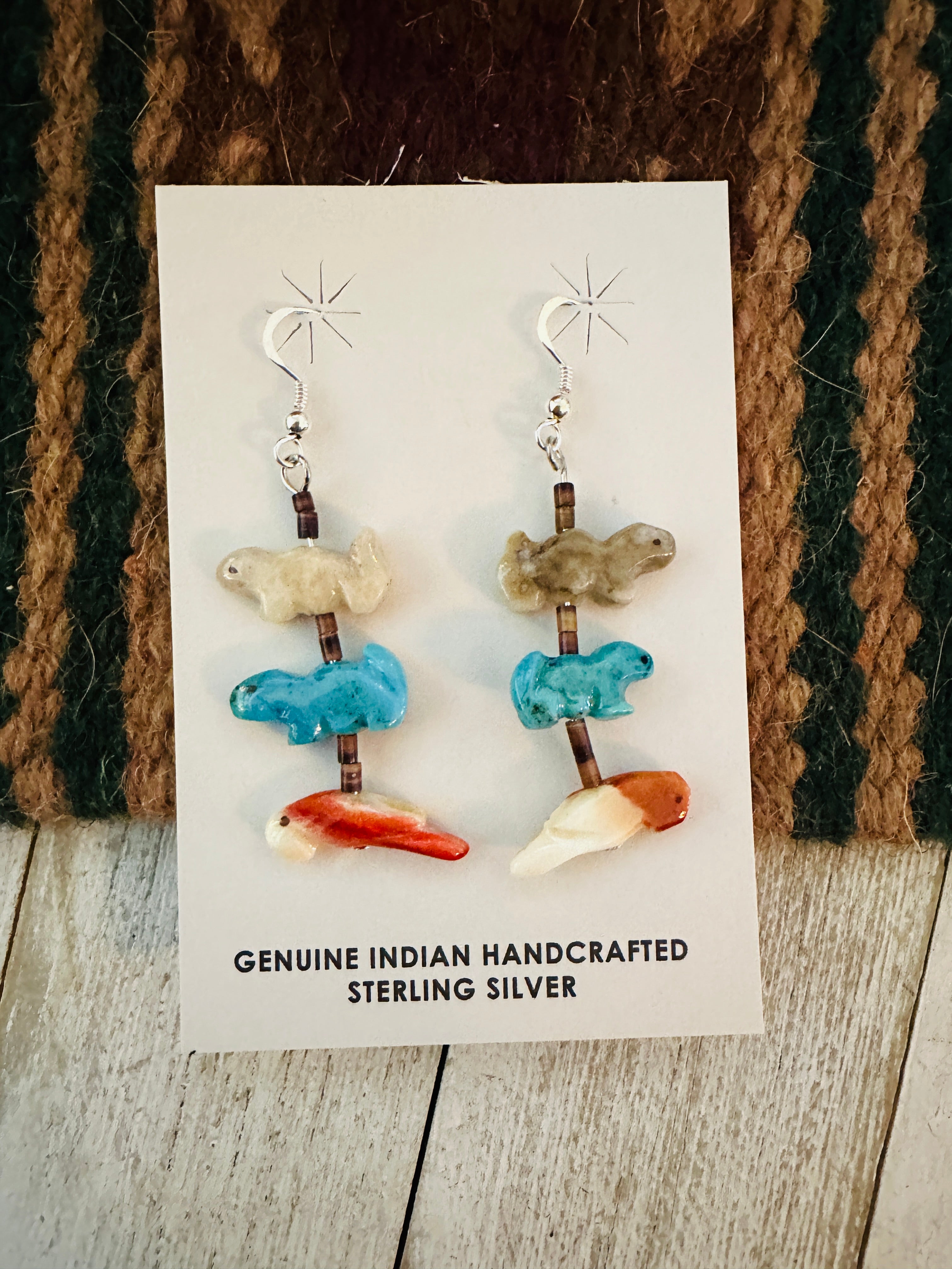 Zuni Multi Stone Beaded Fetish Dangle Earrings