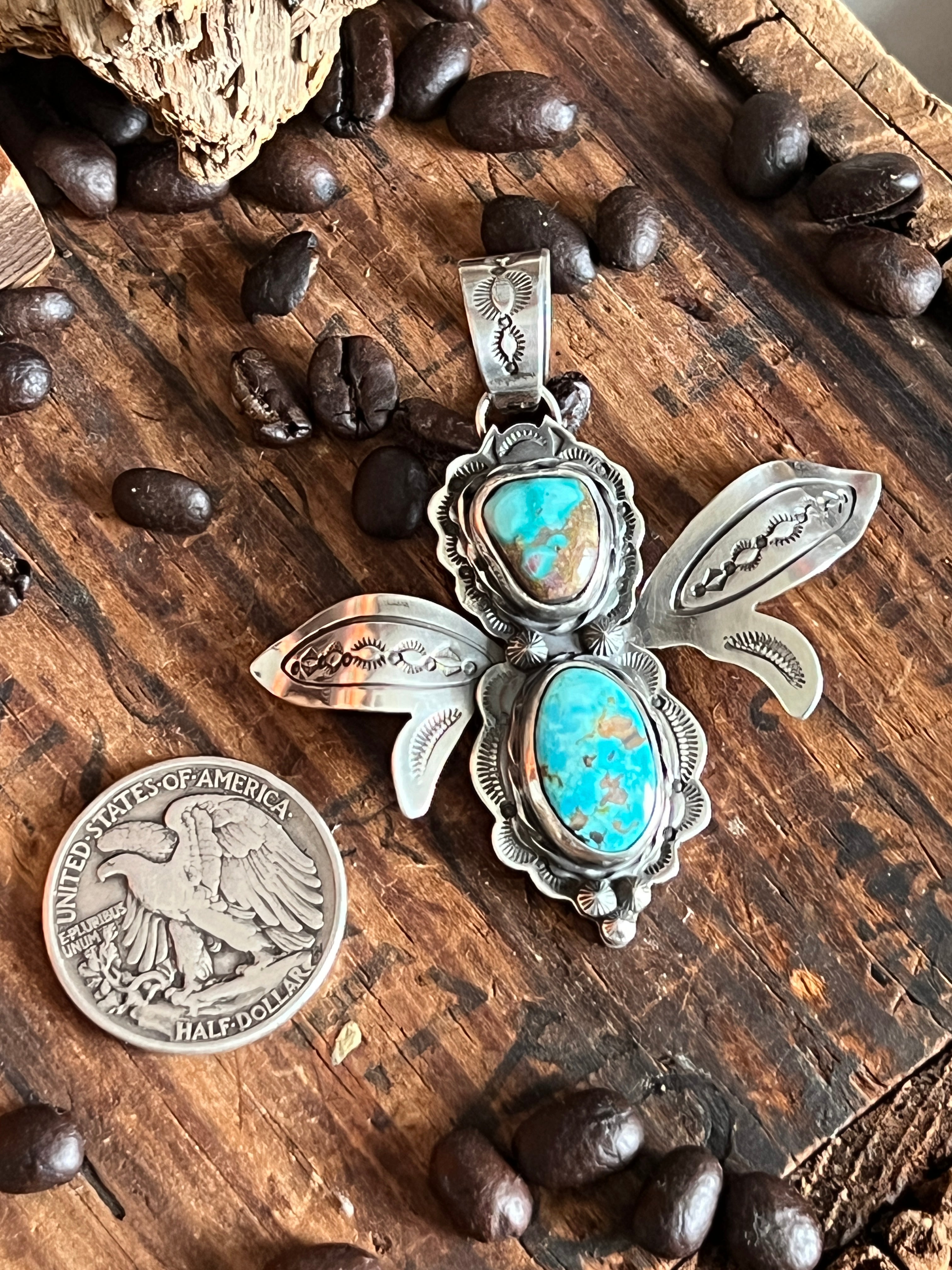 Handcrafted Kimari Somers Sterling Silver and Turquoise Winged Bug Pendant