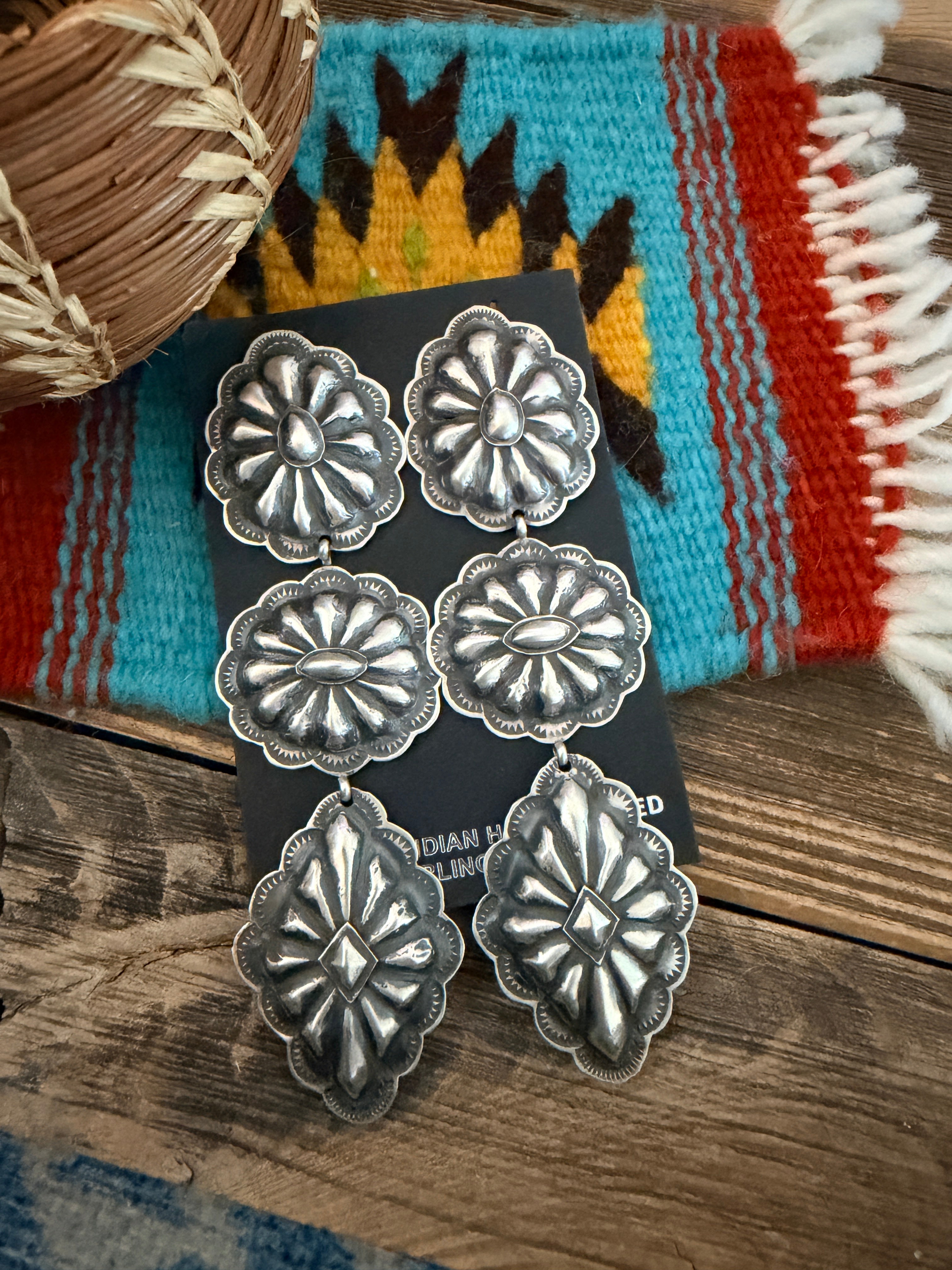 Handcrafted Sterling Silver Concho Dangle Earrings by Rita Lee