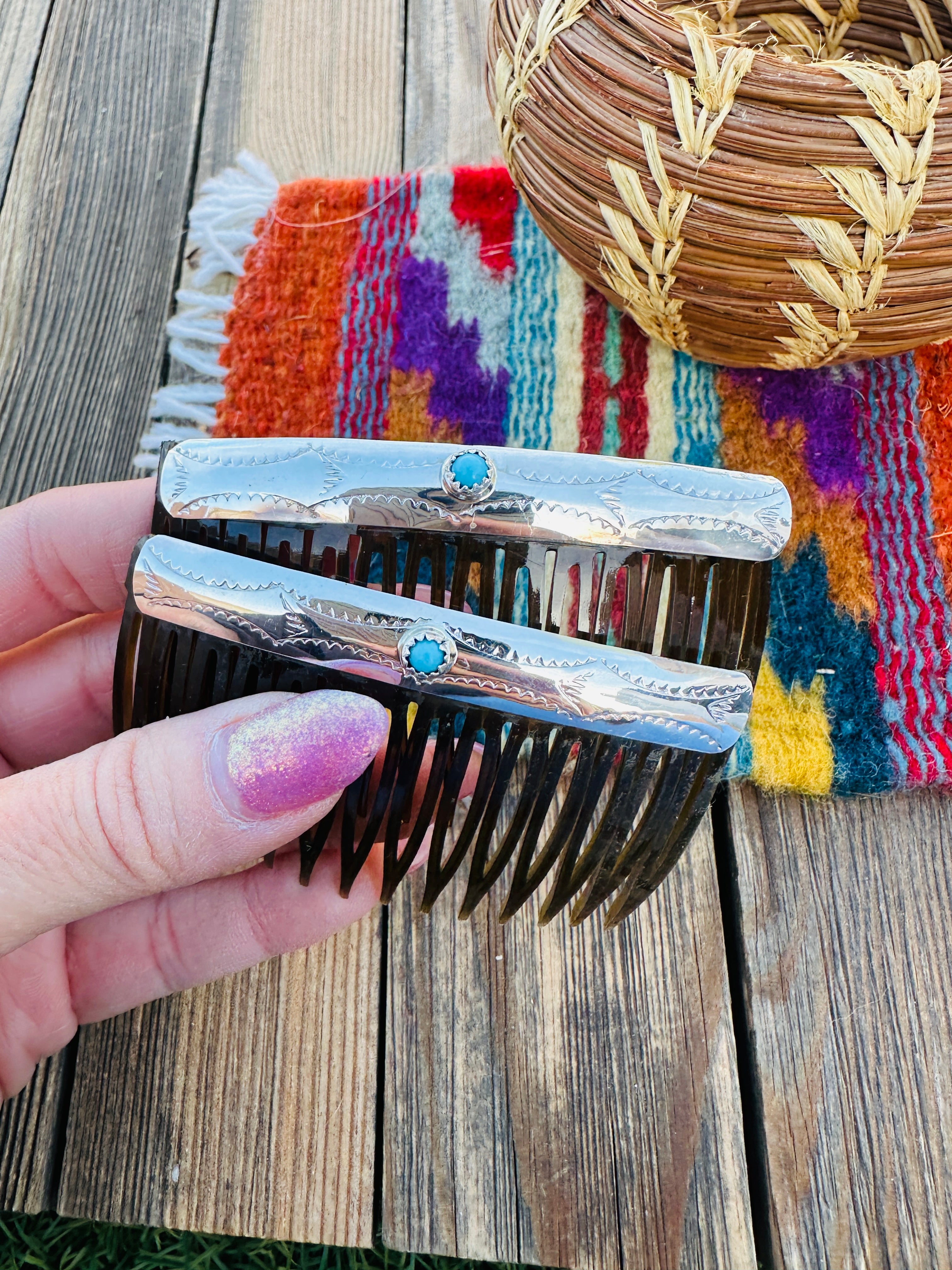 Handcrafted Turquoise & Sterling Silver Hair Comb Set