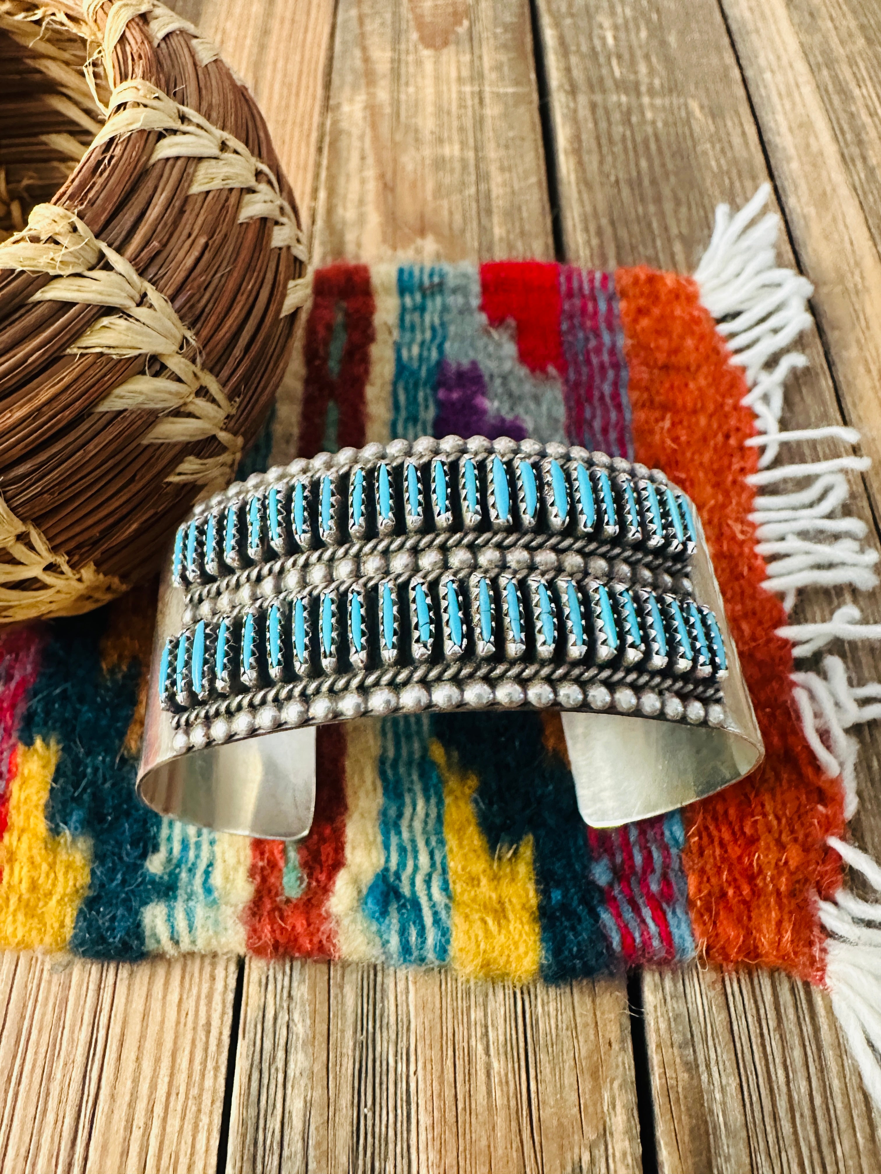 Handcrafted Old Pawn Sterling Silver & Turquoise Needlepoint Cuff Bracelet