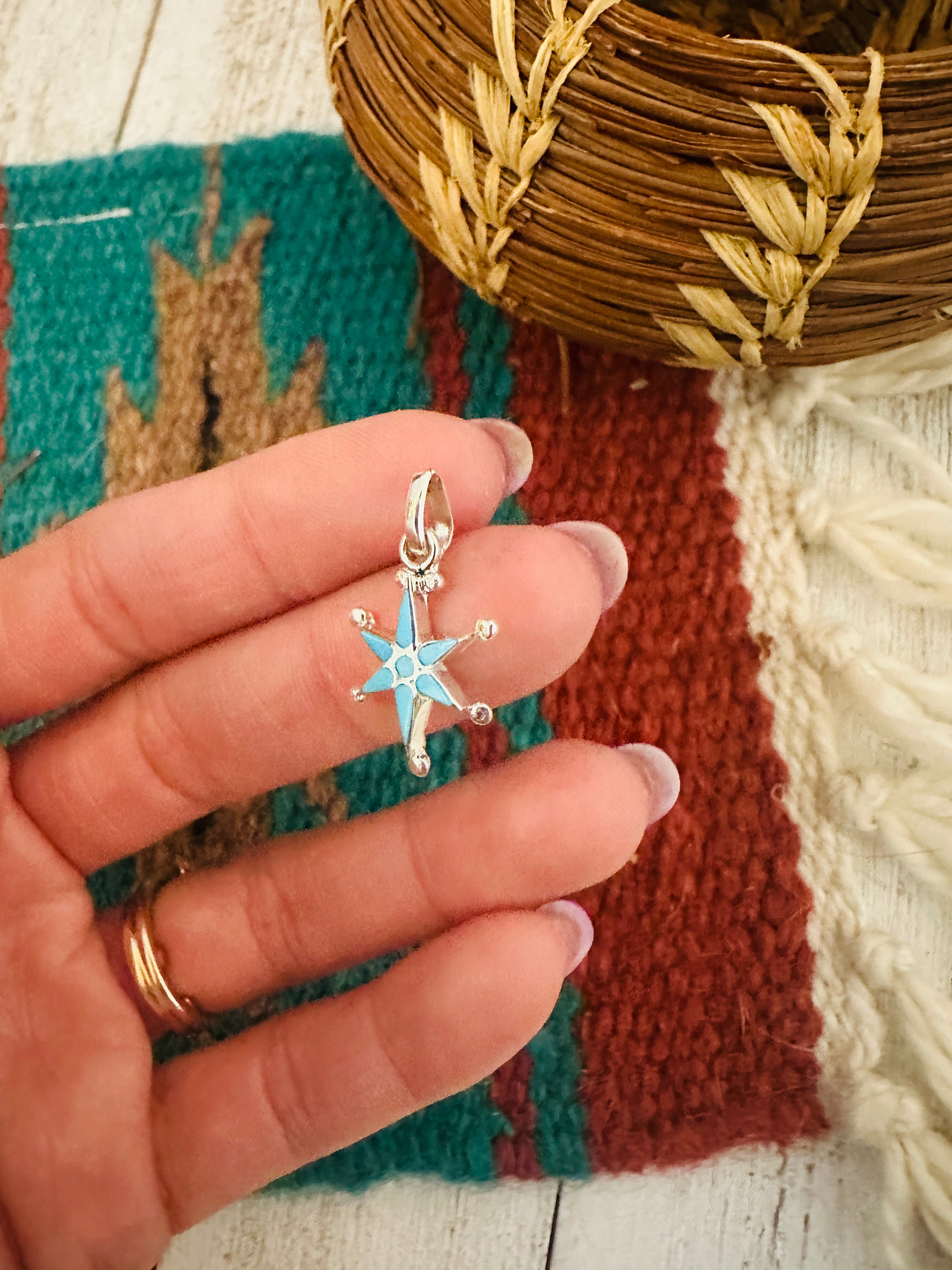 Zuni Sterling Silver & Turquoise Mini Star Pendant Signed