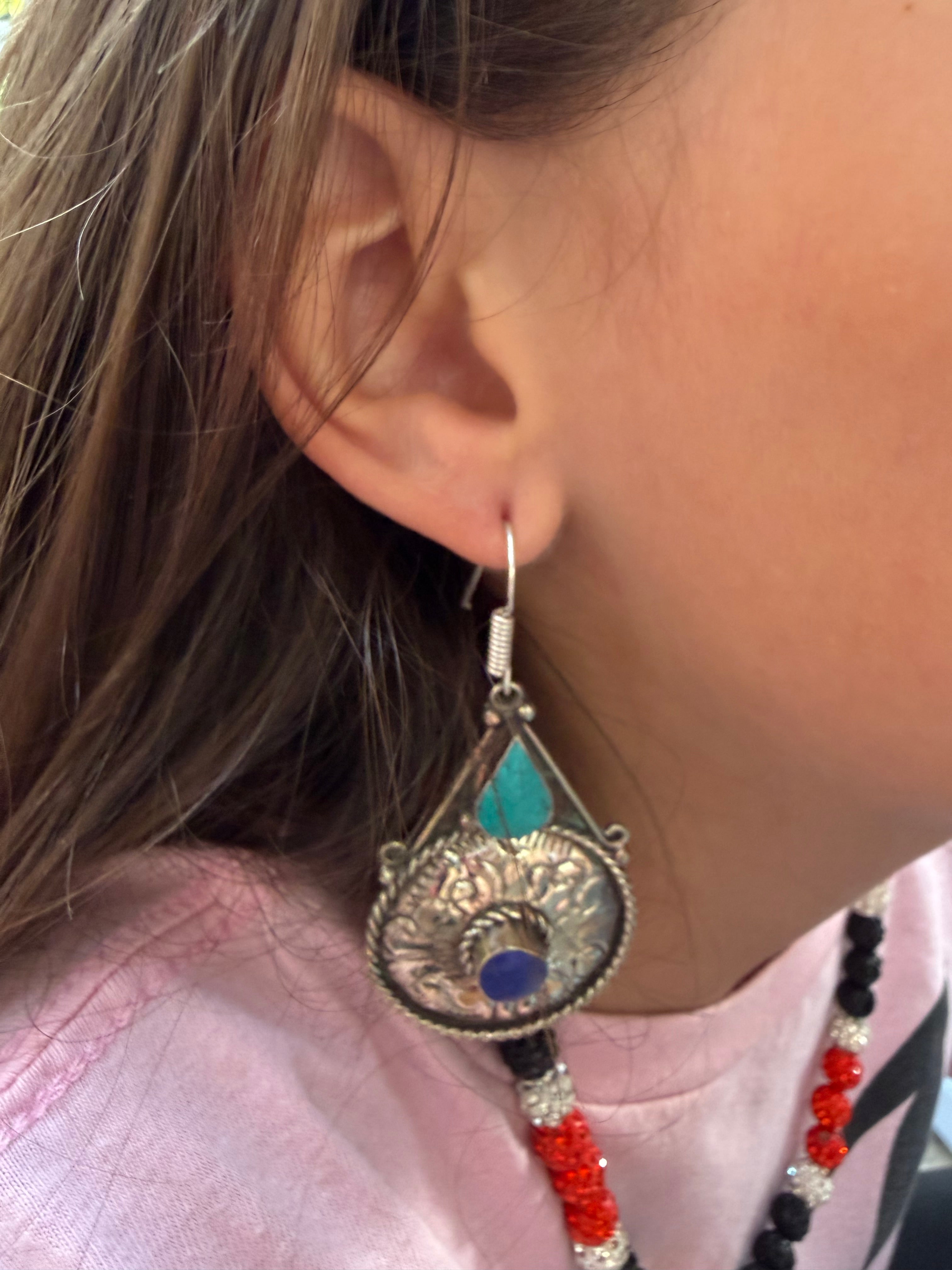 Southwestern Turquoise & Lapis Embossed Silver Drop Earrings