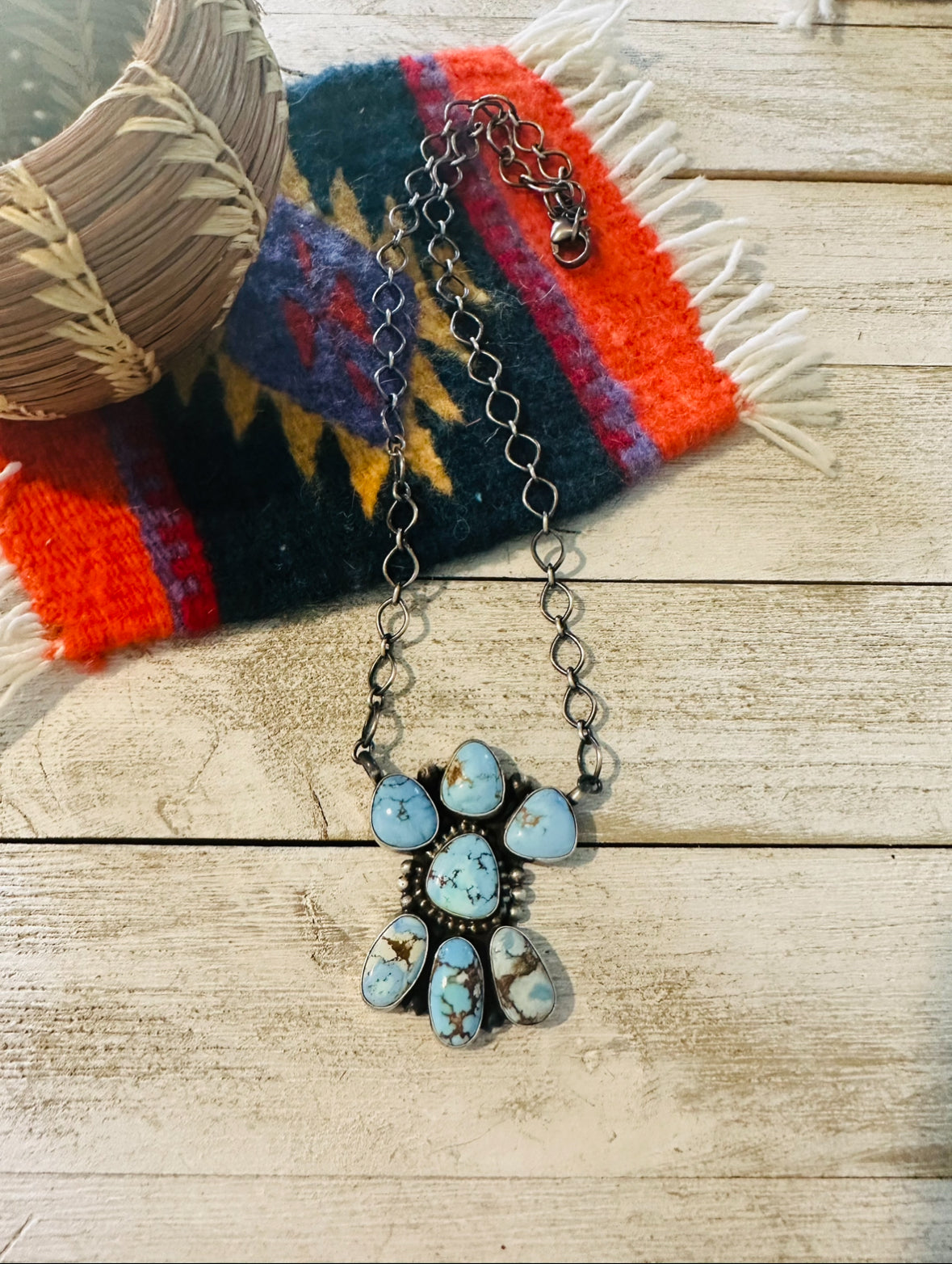 Navajo Sterling Silver & Golden Hills Turquoise Cluster Necklace