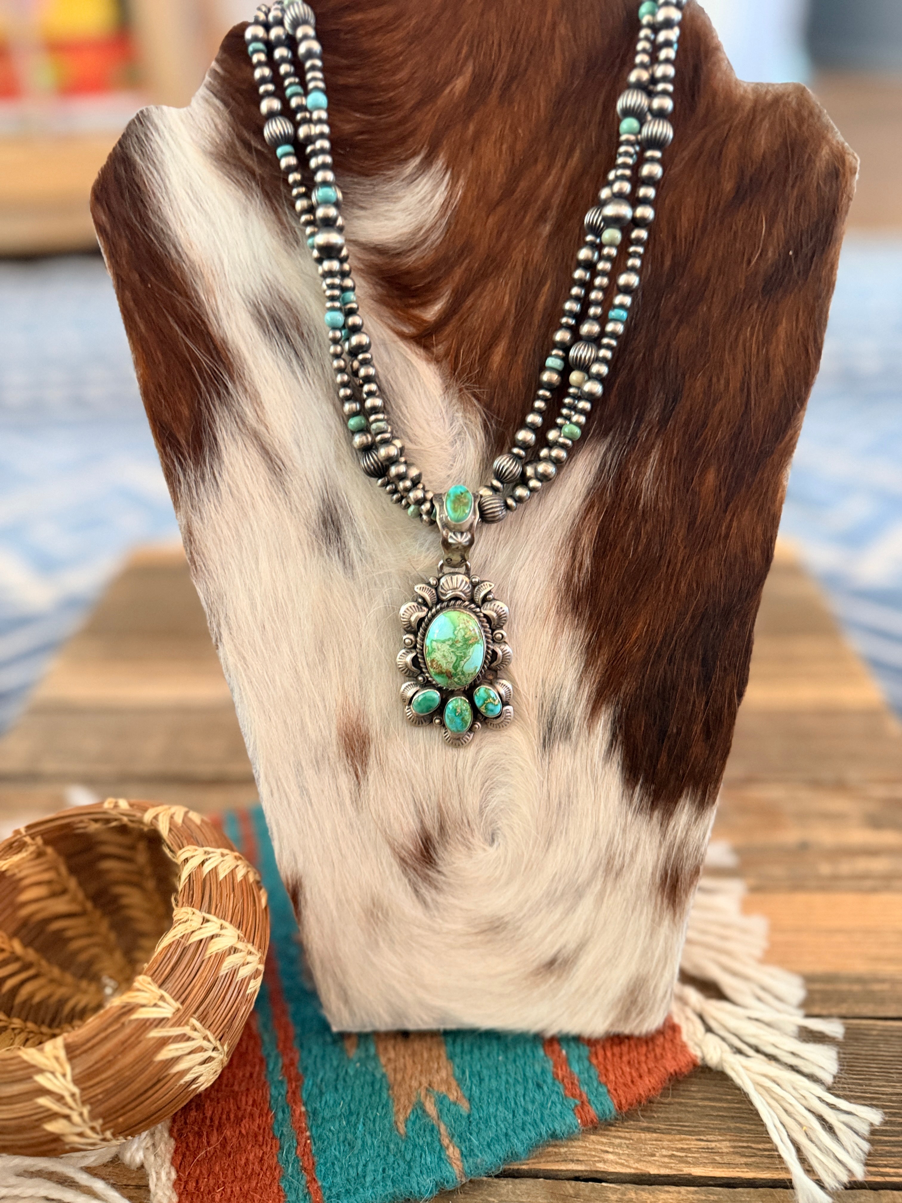 Handcrafted Sonoran Mountain Turquoise & Sterling Silver Beaded Necklace by Gilbert Tom