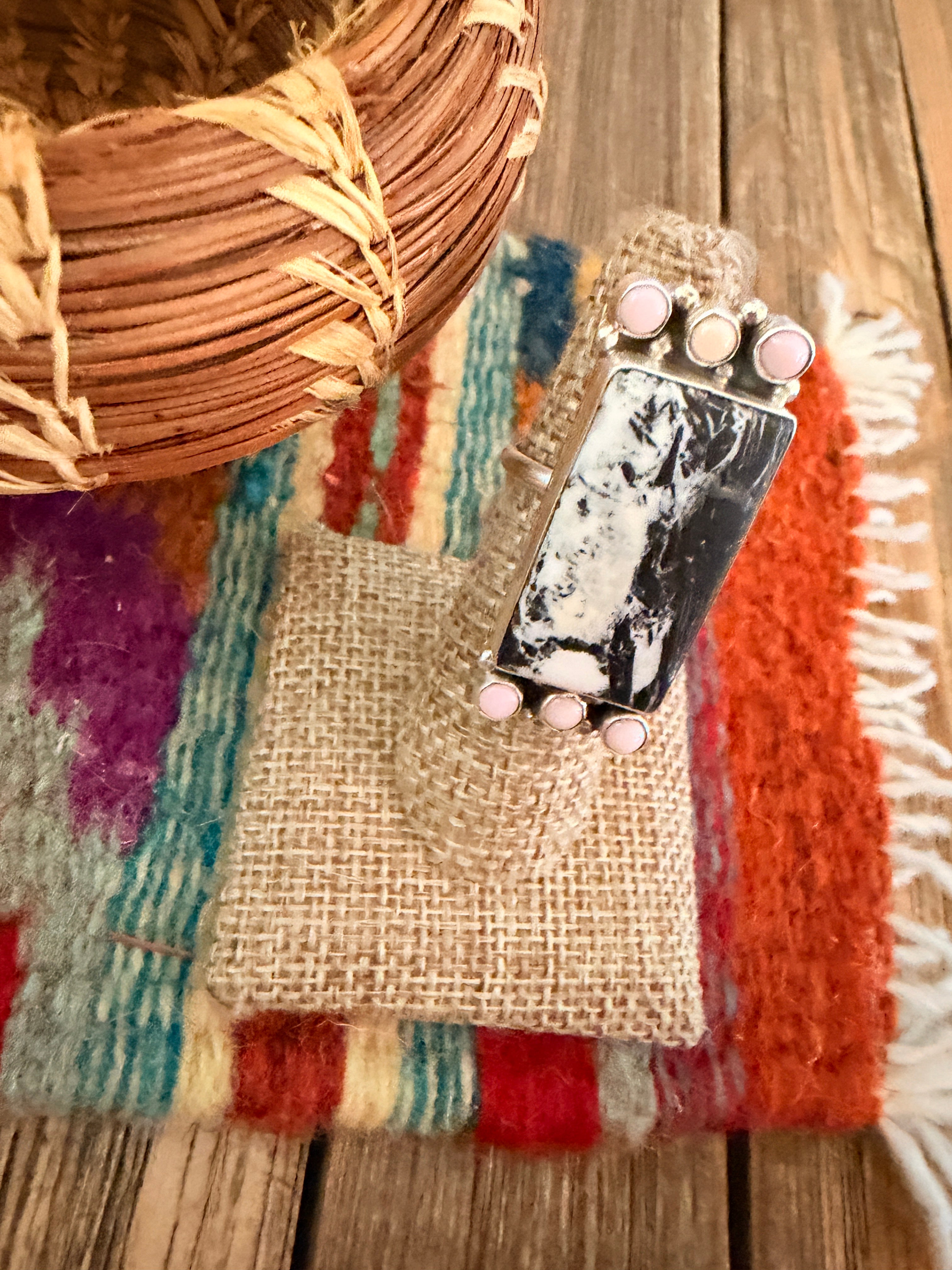 Handcrafted White Buffalo & Queen Pink Conch & Sterling Silver Adjustable Ring