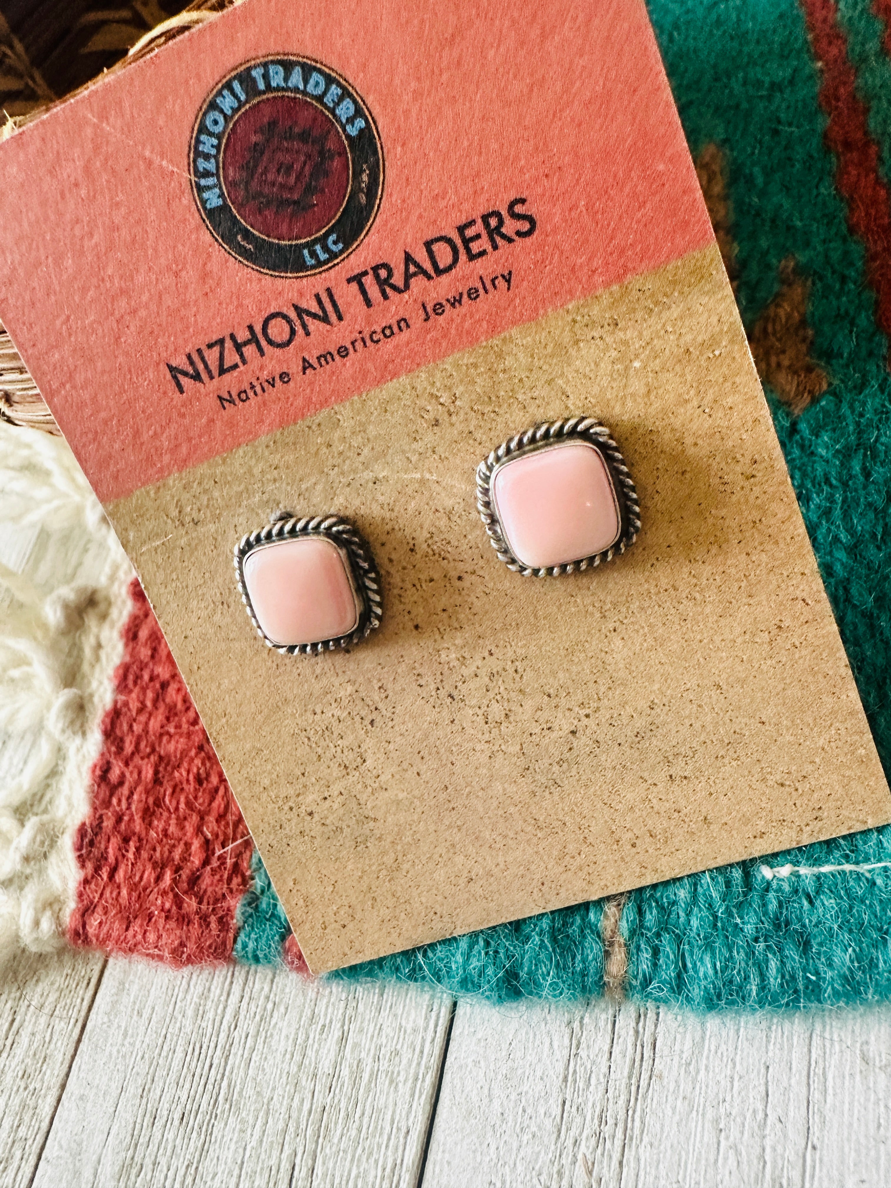 Navajo Sterling Silver & Queen Pink Conch Square Stud Earrings