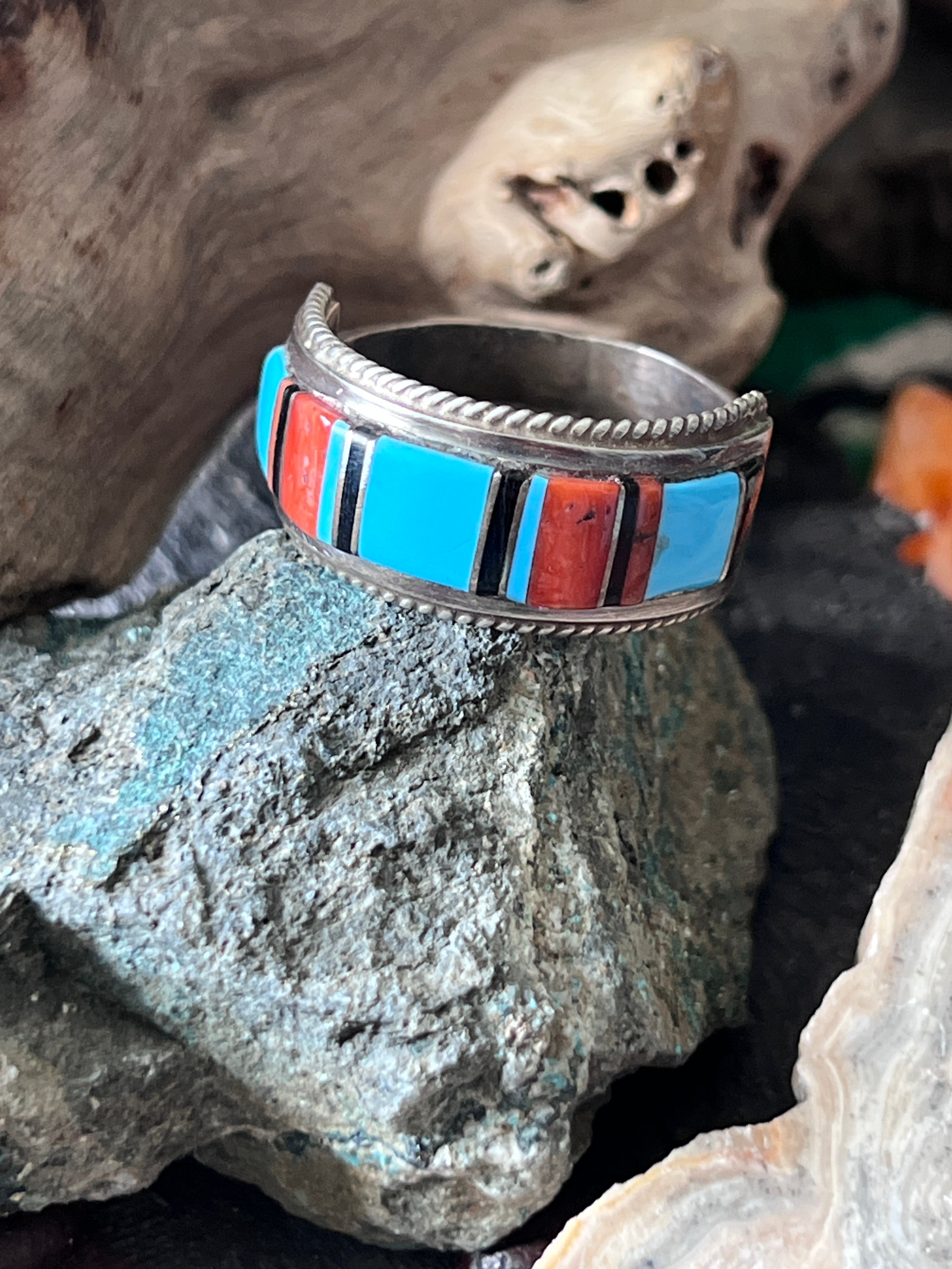 Old Pawn Sterling Silver, Turquoise, Onyx and Coral Raised Channel Inlay Ring by Deidre L Panteah