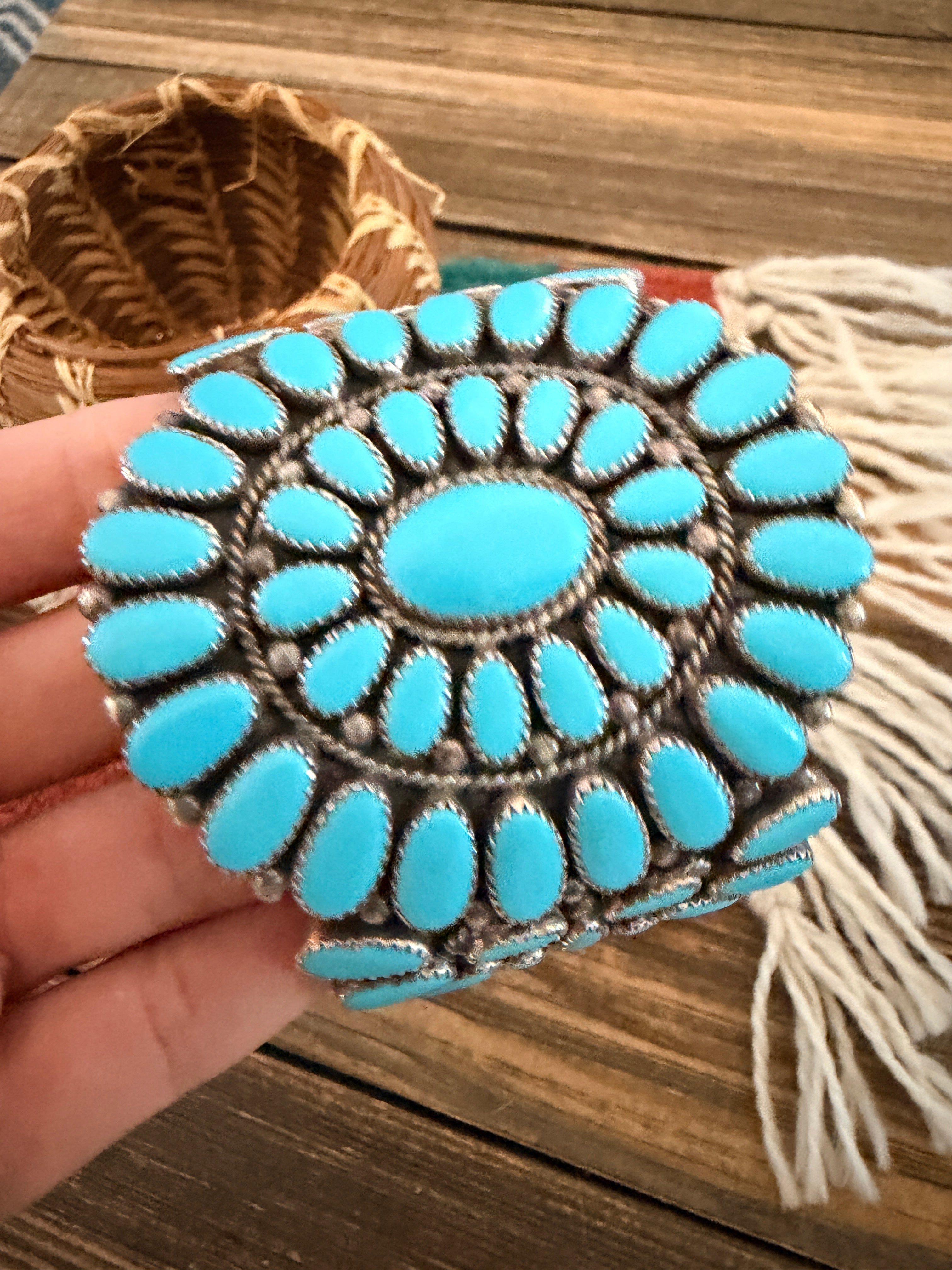 Handcrafted Old Pawn Sterling Silver & Turquoise Cluster Cuff Bracelet by Slim Jim Yazzie