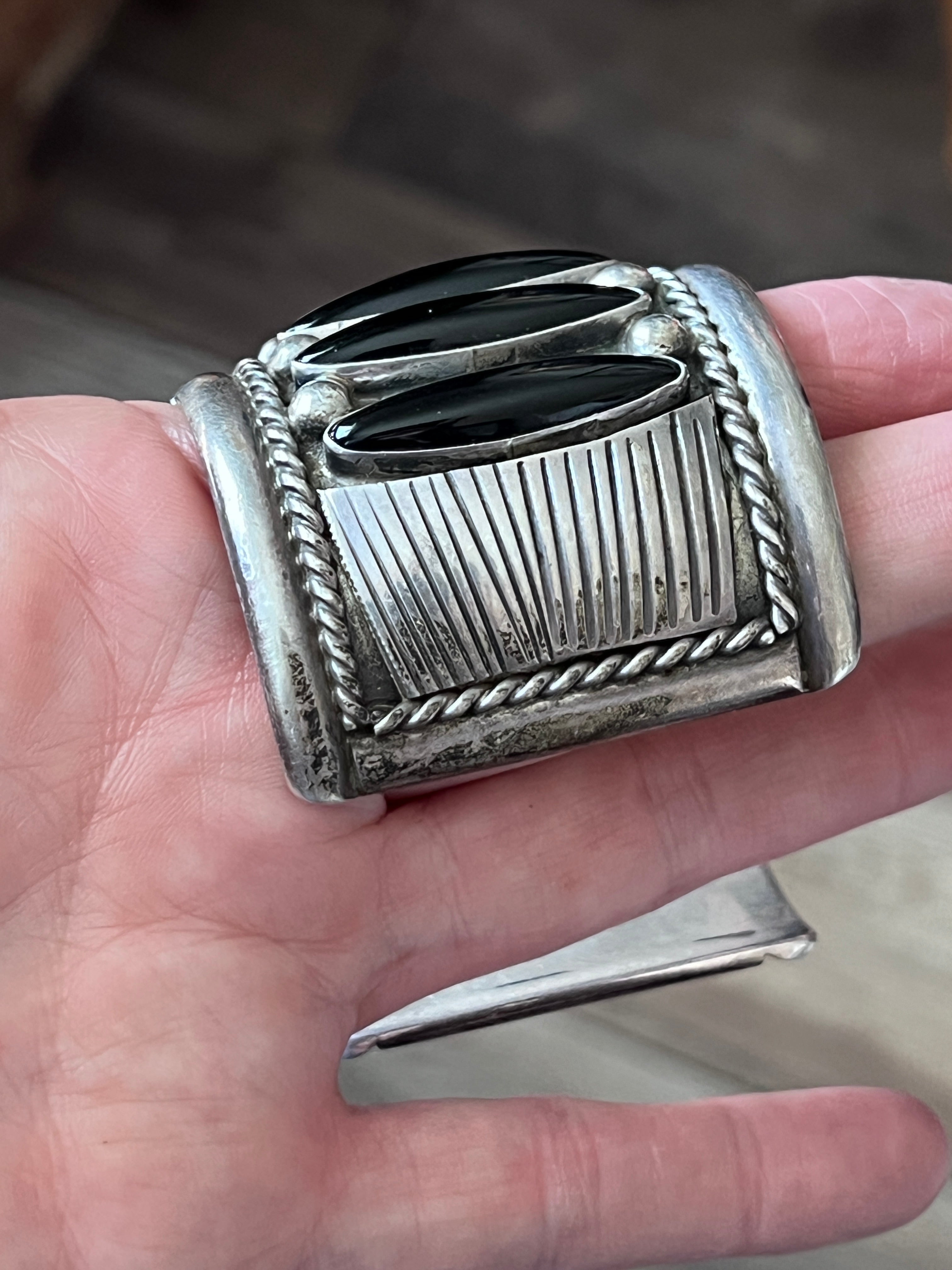 Old Pawn Sterling Silver and Black Onyx Cuff Bracelet by Tommy Moore