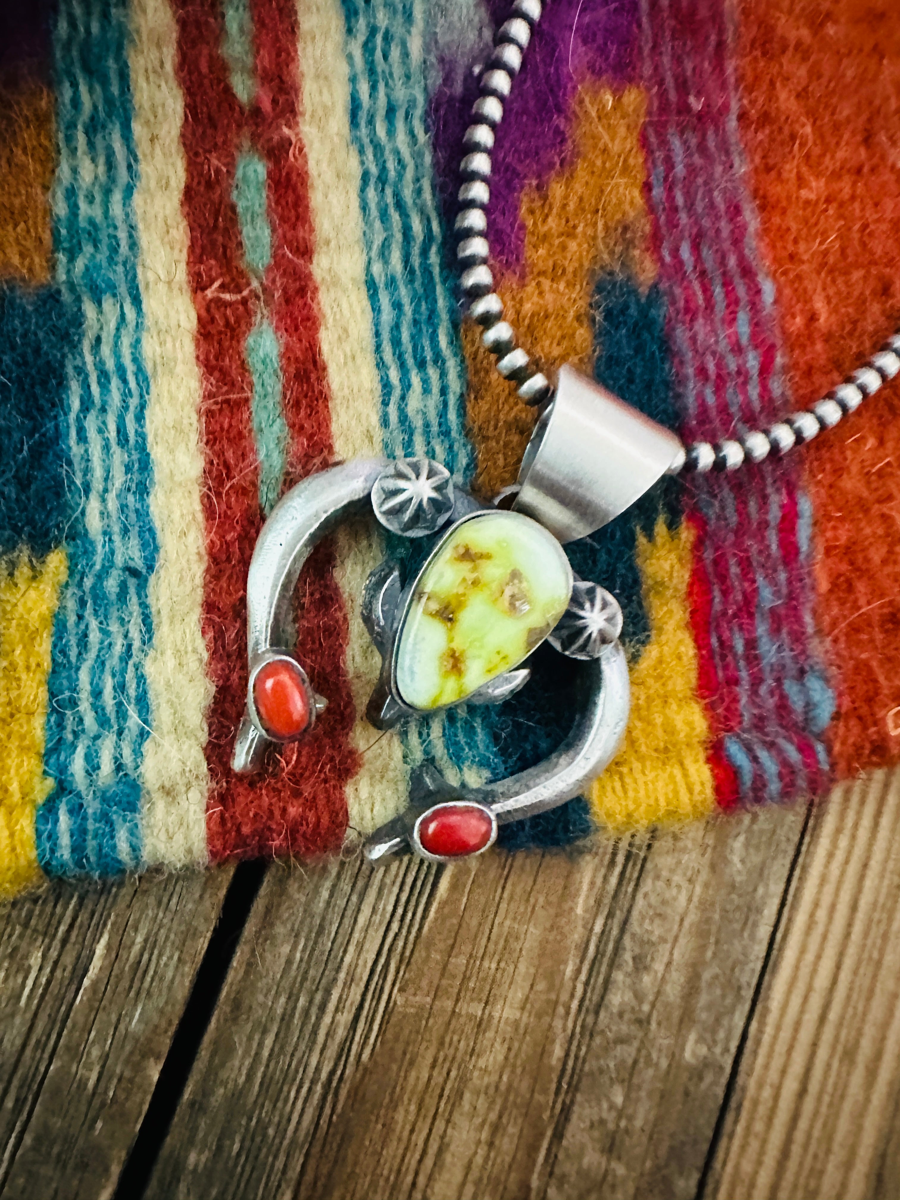 Handcrafted Sterling Silver, Turquoise & Coral Naja Pendant by Chimney Butte
