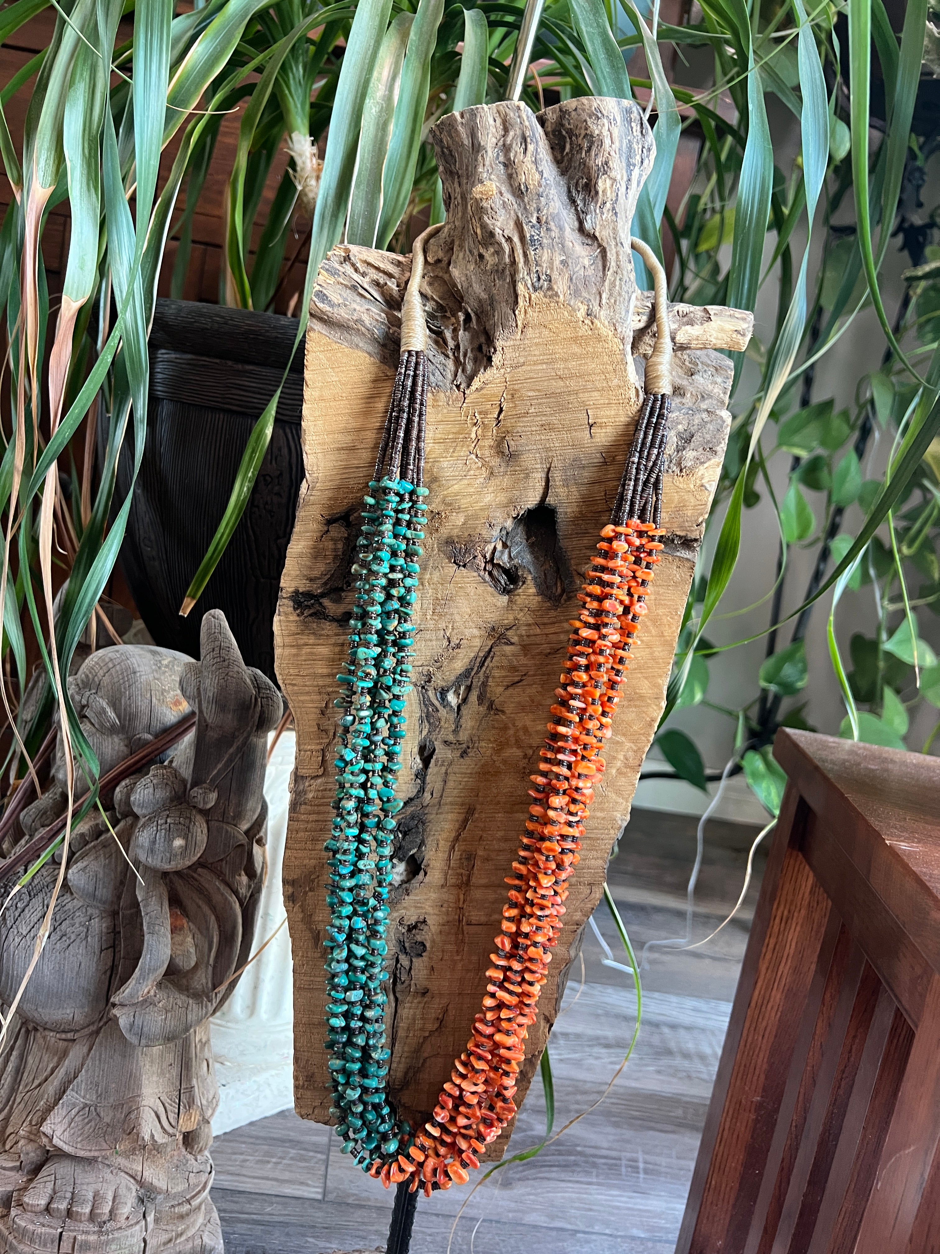 Handcrafted Eight Strand Spiny Oyster and Turquoise Beaded Squaw Wrap Necklace by Daniel Coriz