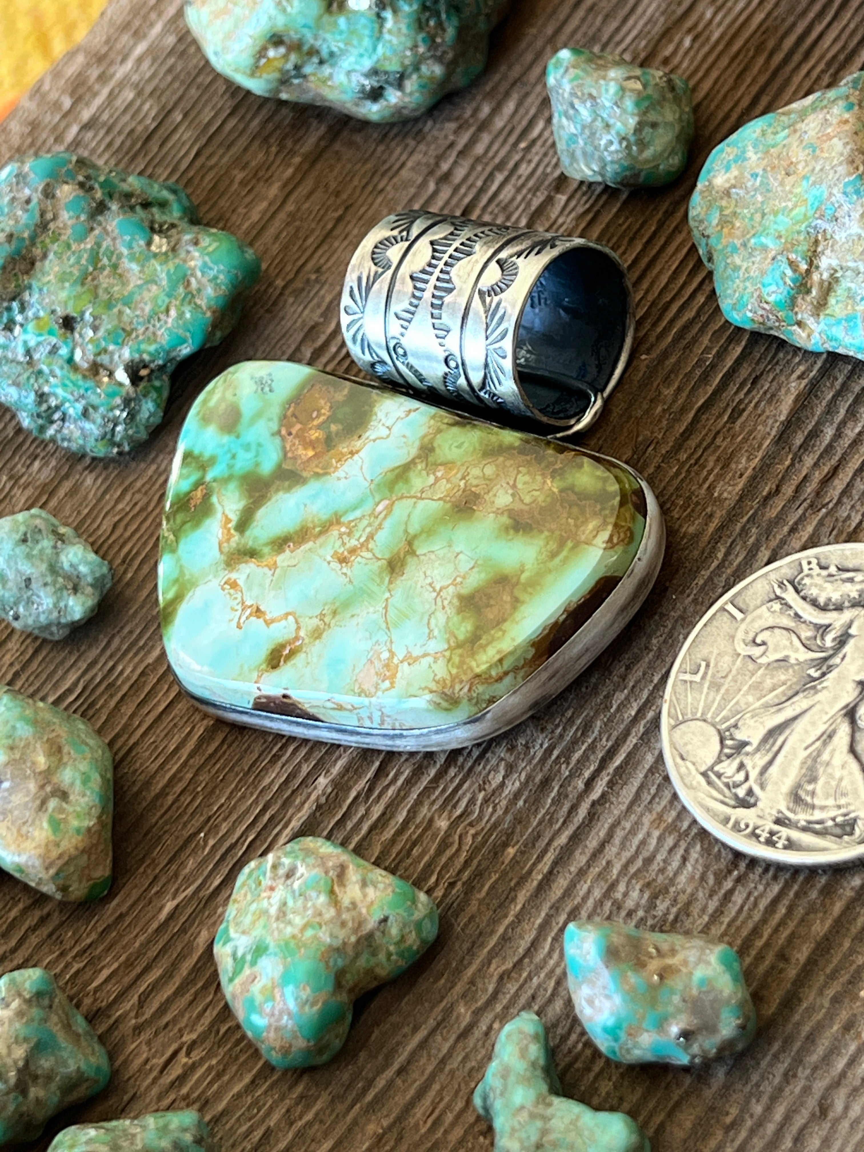 Handcrafted Sterling Silver and Royston Turquoise Solo Pendant by Angela Martin