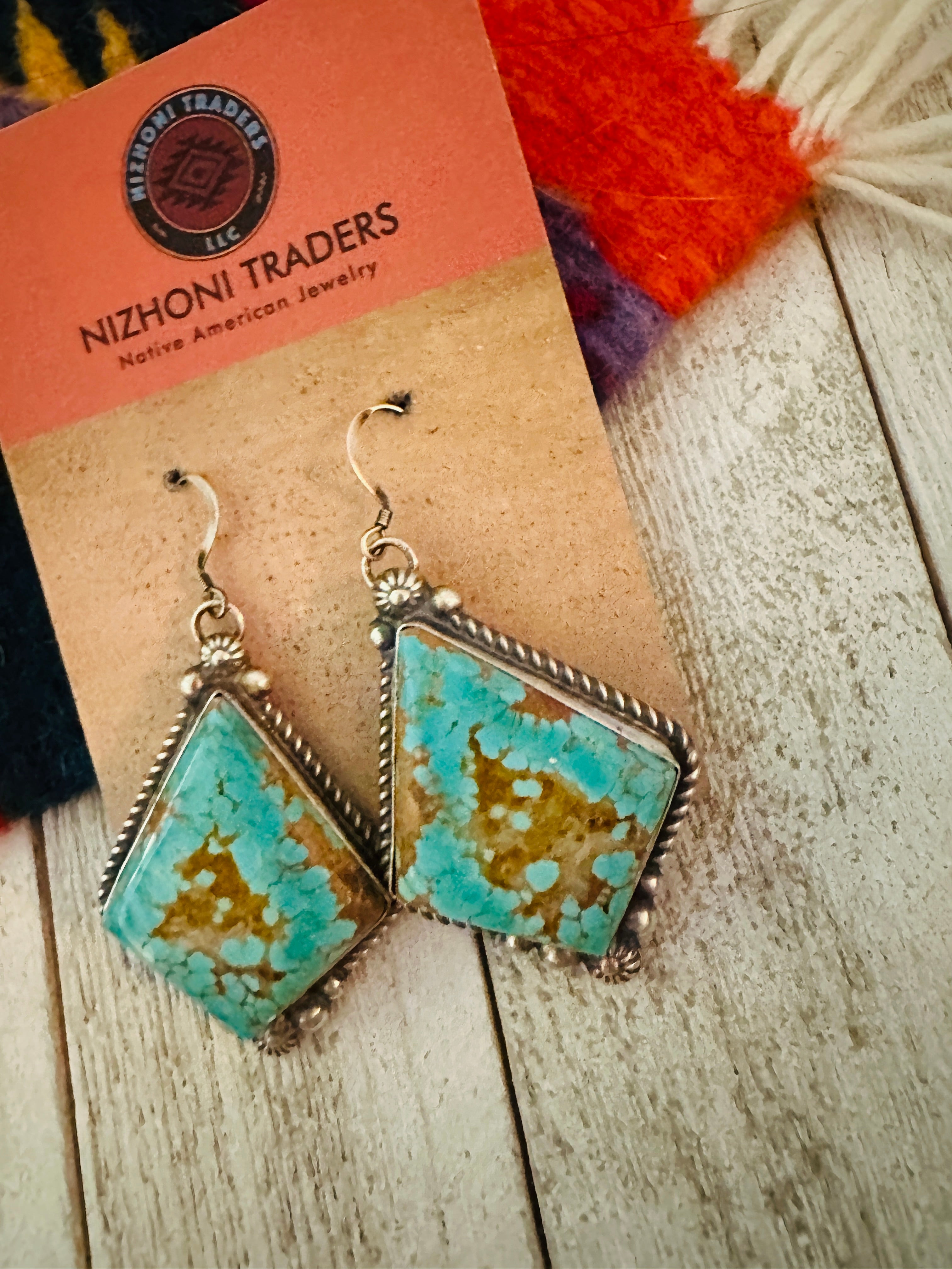 Navajo Number 8 Turquoise And Sterling Silver Dangle Earrings